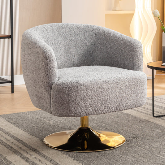 Chenille Fabric Light Grey Accent Swivel Chair With Gold Metal Round Base