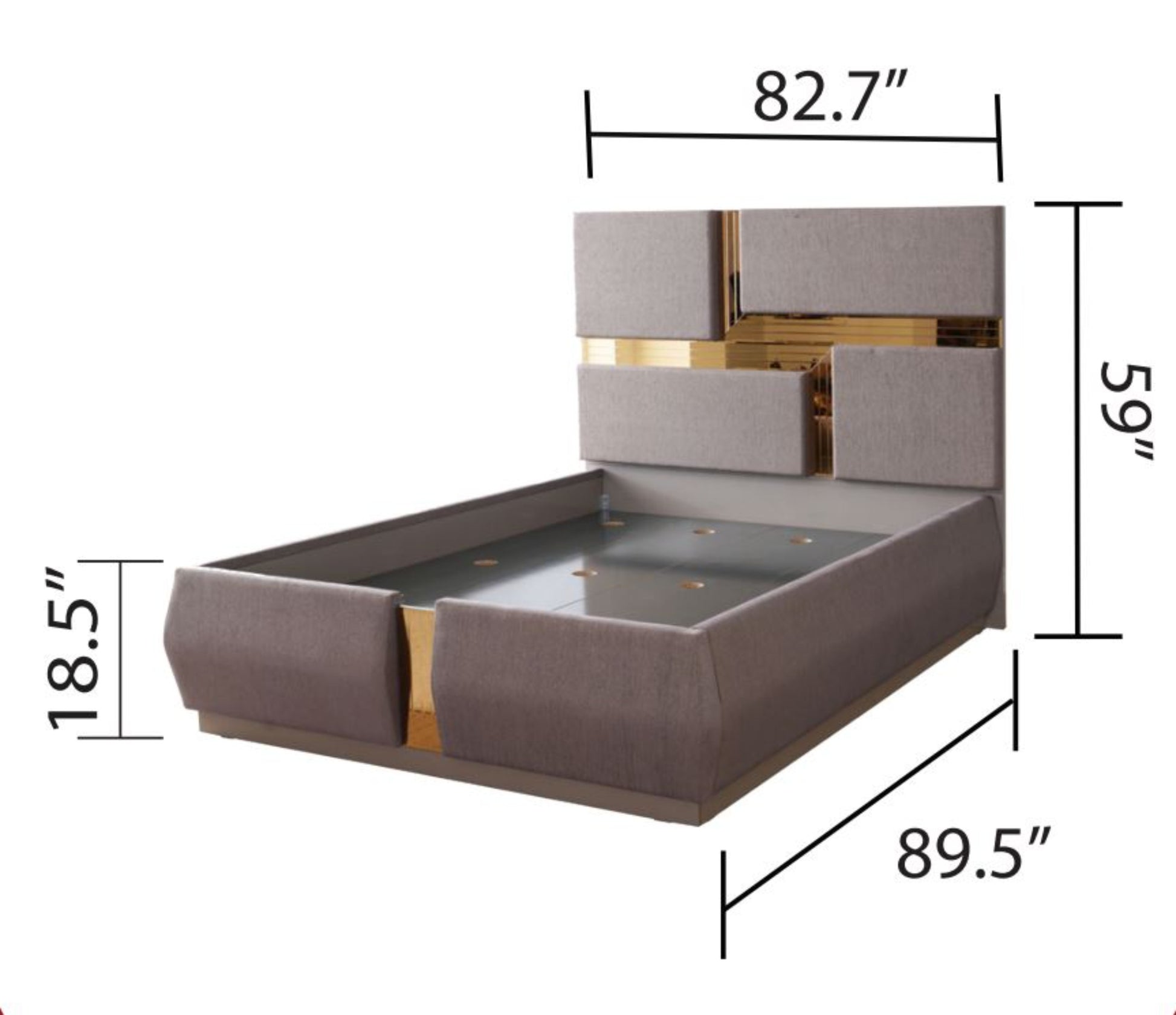 Lorenzo King Size Glam Bed in Gray with Mirrored Gold Accent Panels