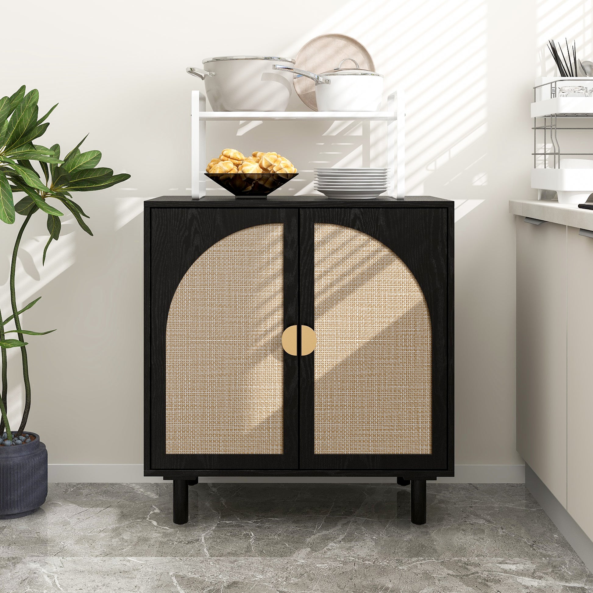 Rune Mid-Century Modern Cabinet with Rattan Doors, Black