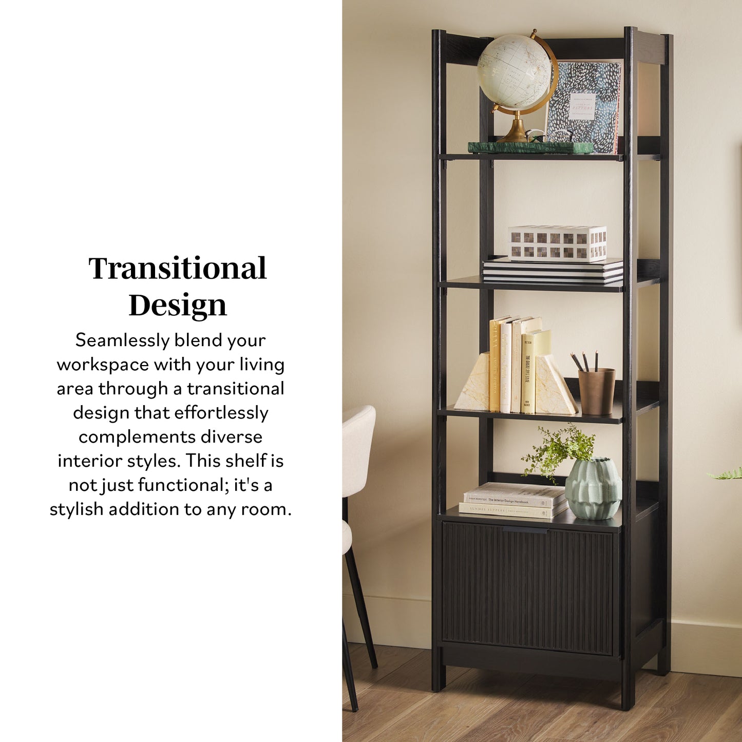 Transitional Narrow Bookshelf with Drawer on Bottom - Black