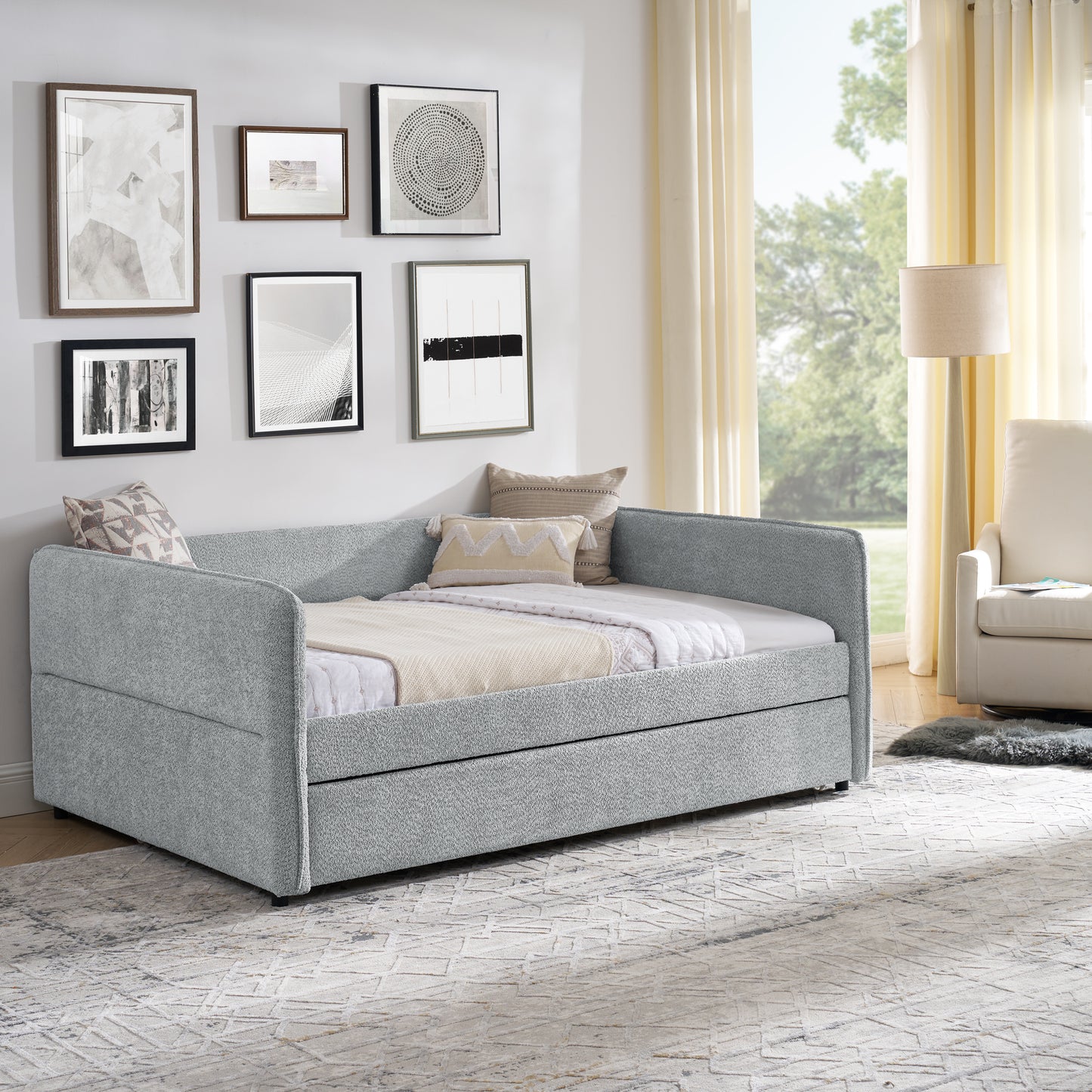 Banning Full Size Boucle Upholstered Daybed & Trundle, Gray