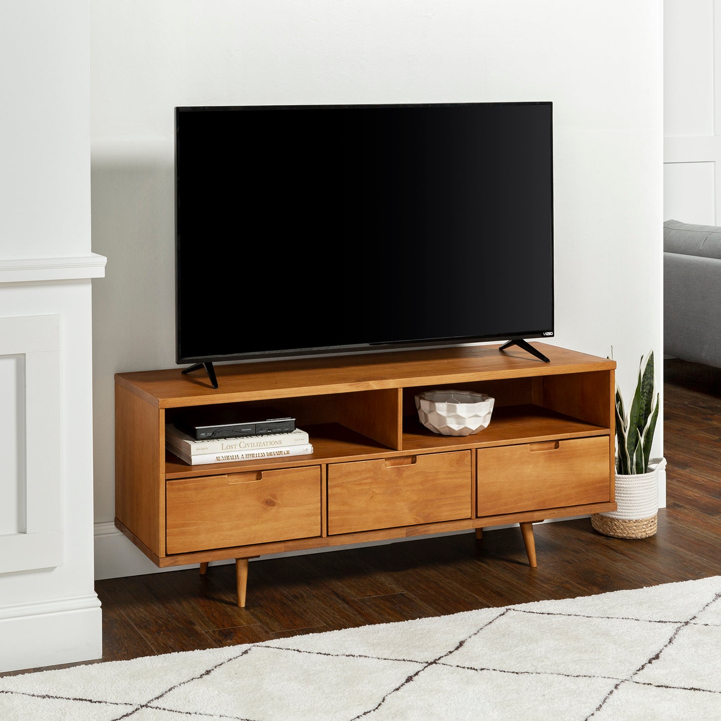 Sylvia Mid-Century Modern Solid Wood 3-Drawer 58" TV Stand for 65" TVs with 2 Open Cubbies - Caramel