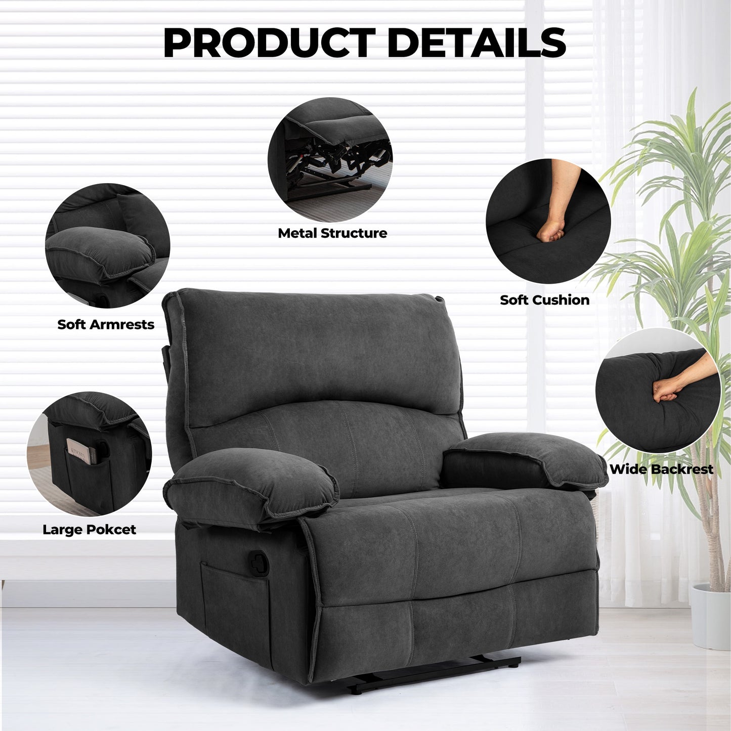 Belton Transitional Oversize Velvet Recliner with Pillow Arm, Dark Gray