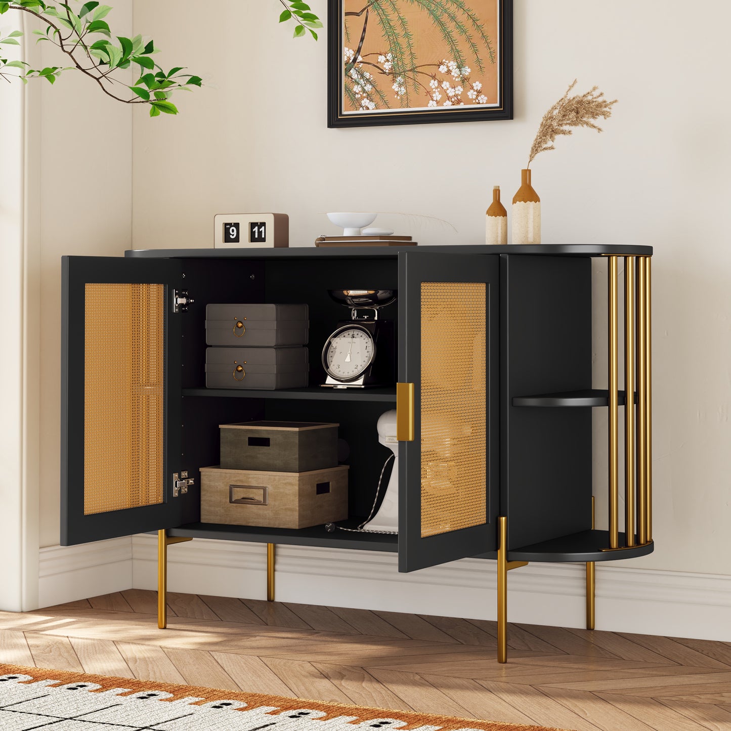 Dinara Elegant Curved Cabinet with Gold Trim & Rattan Doors, Black