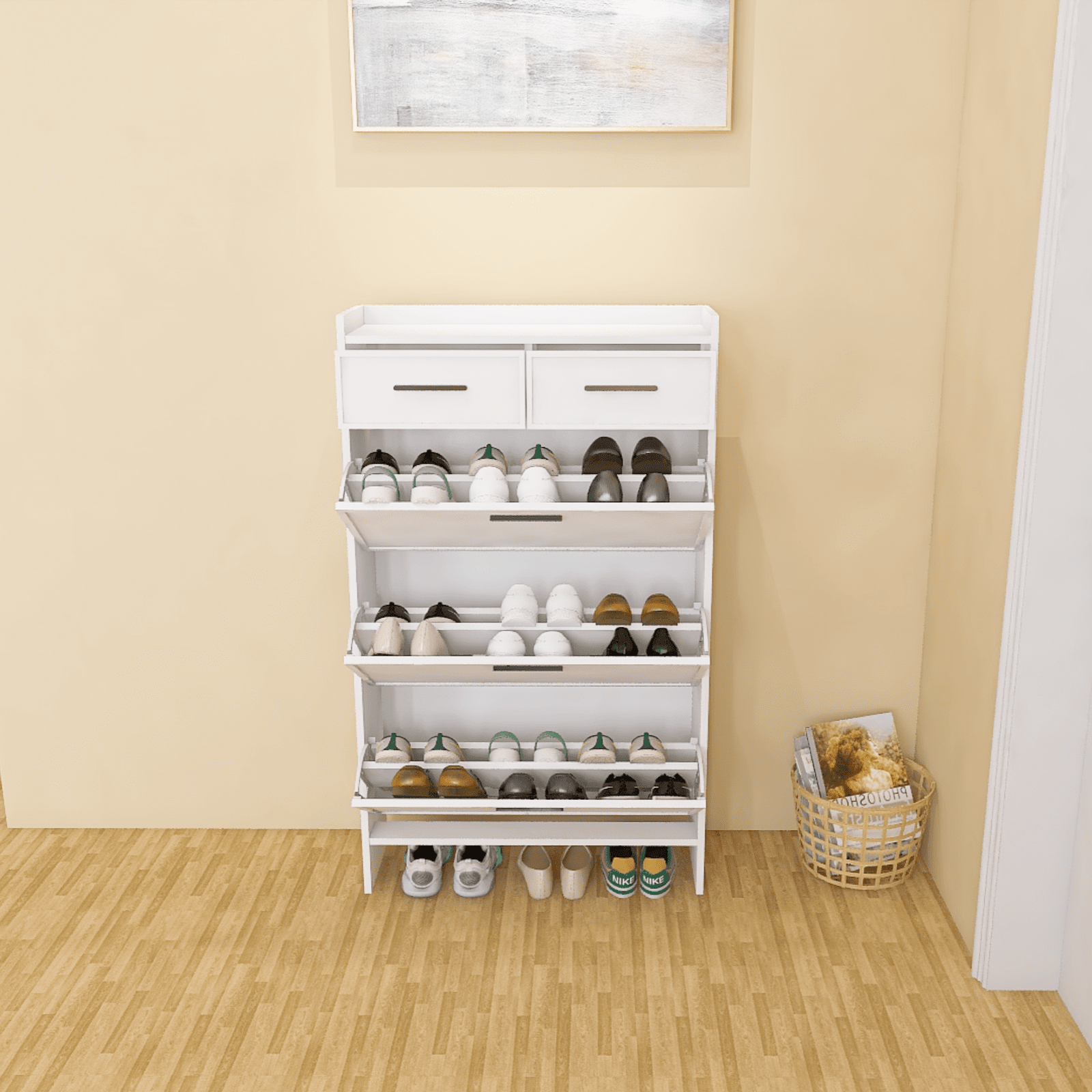 Presley Shaker Shape Door Shoe Rack 3 Doors Shoe Cabinet With 2 Drawers With Open Space for Shoes