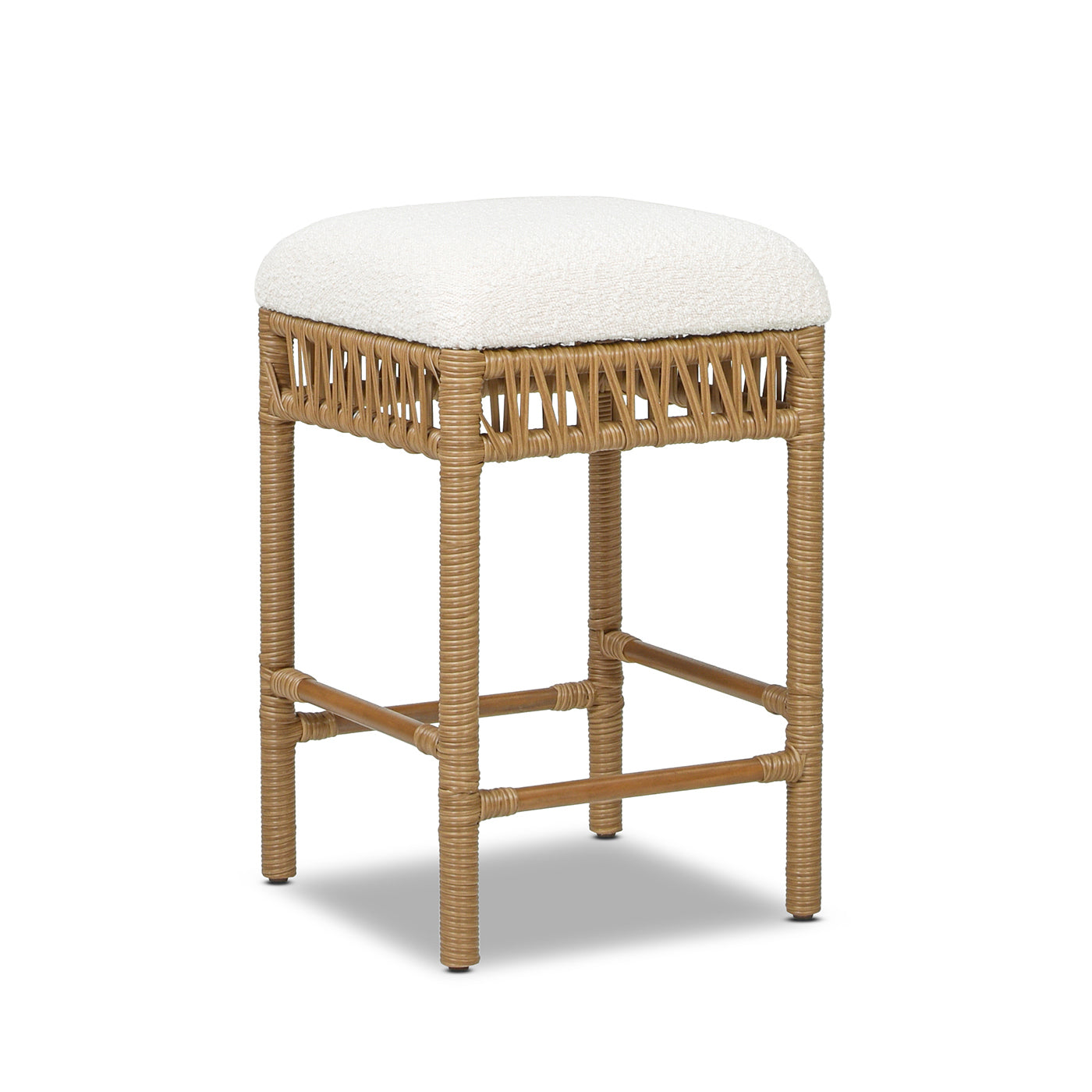 Lucia 25.5' Backless Upholstered Counter Stool with Resin Rattan Frame, Ivory White Boucle