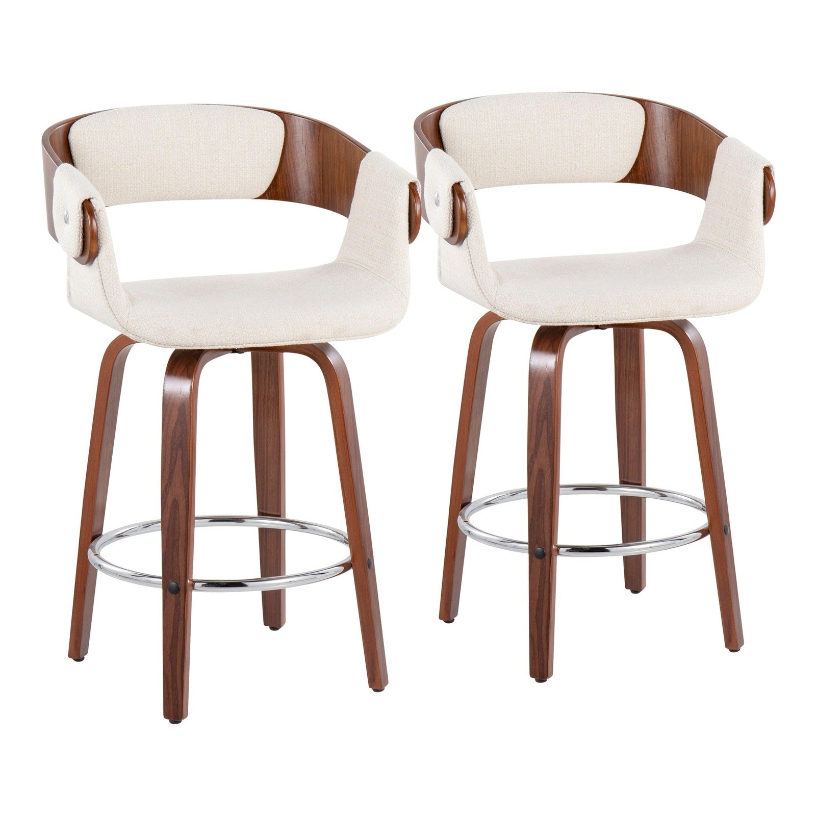 Elisa Mid-Century Modern Counter Stool in Walnut and Cream Fabric - Set of 2