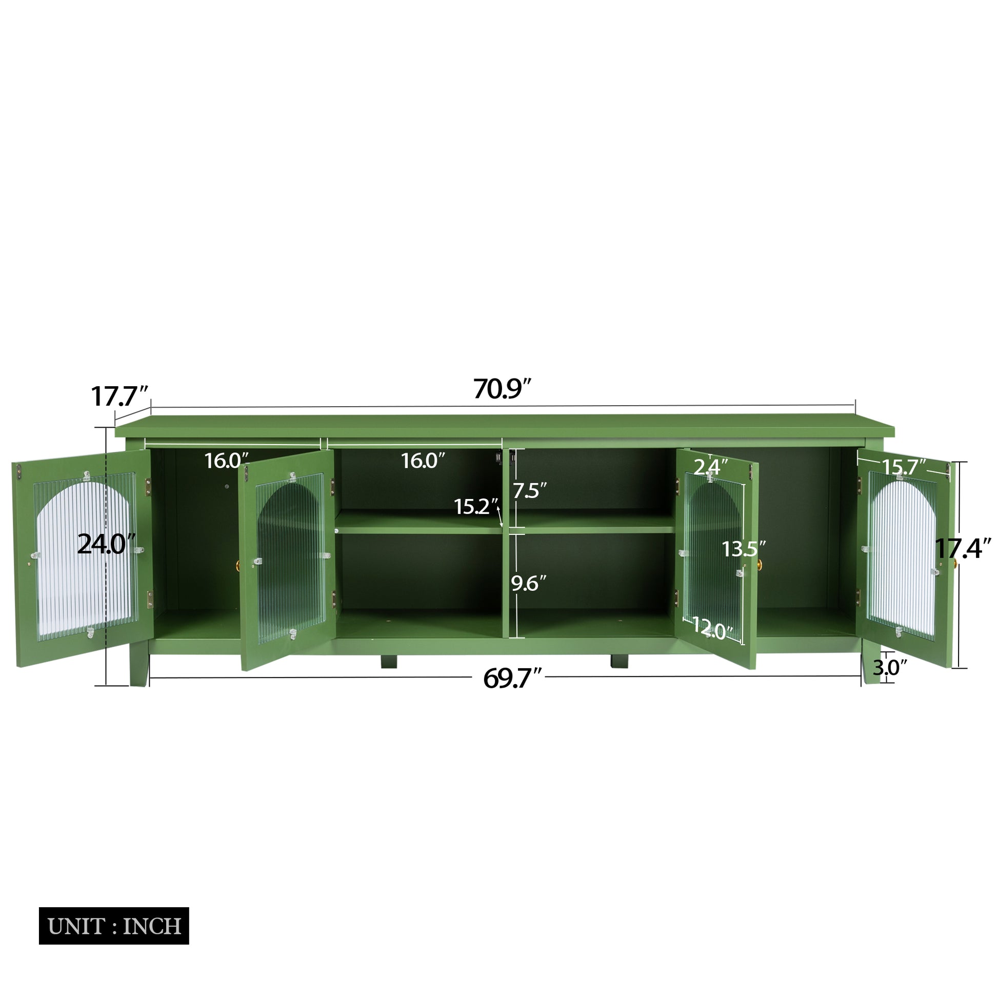 Eisley 71" Modern TV Console with Glass Doors, Antique Green