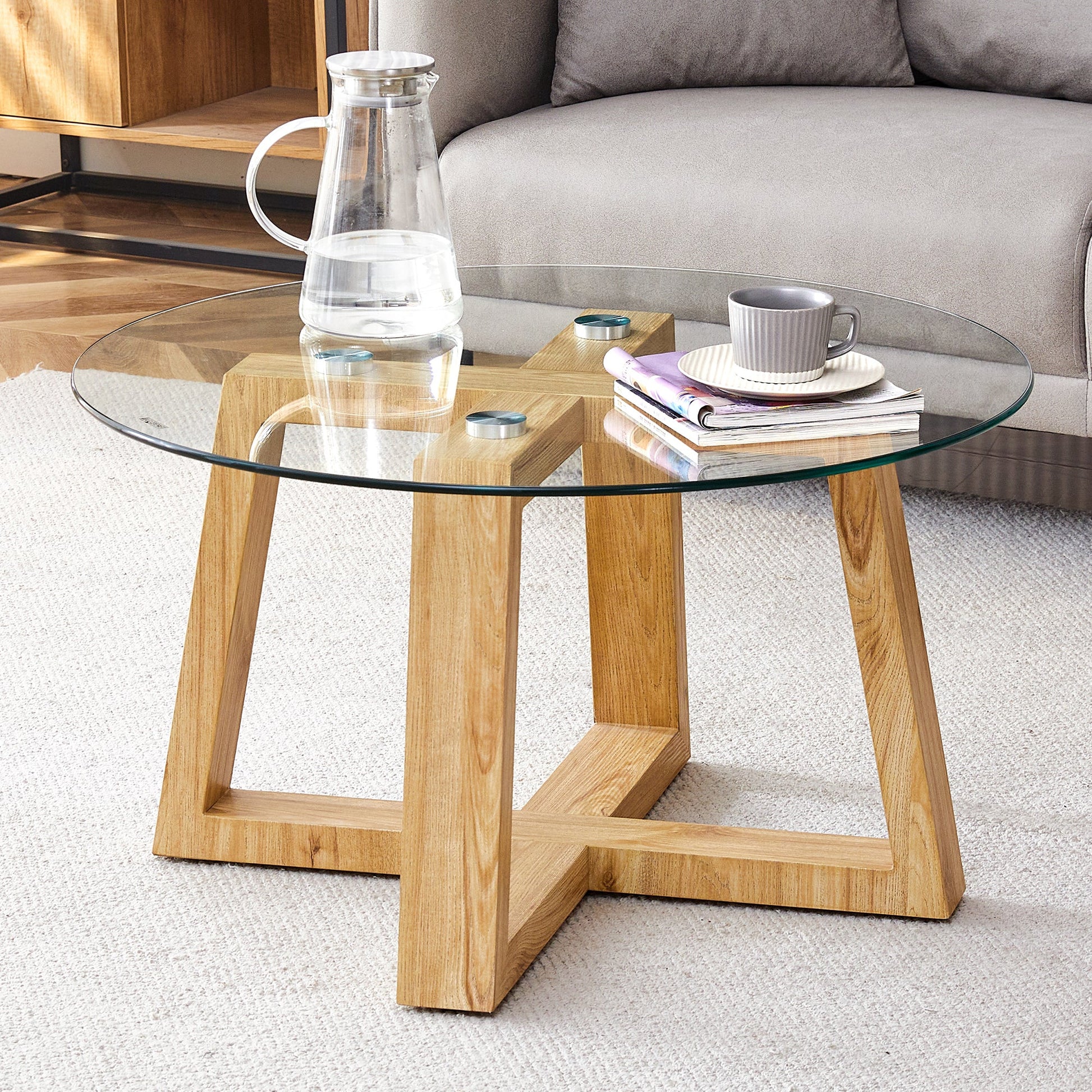 Ashlyn Mid-Century Modern Coffee Table with Glass Top - Brown