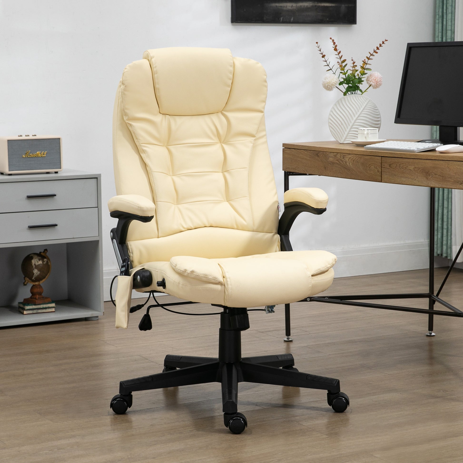 Parisa High Back PU Leather Executive Office Chair with Head & Massage, Beige