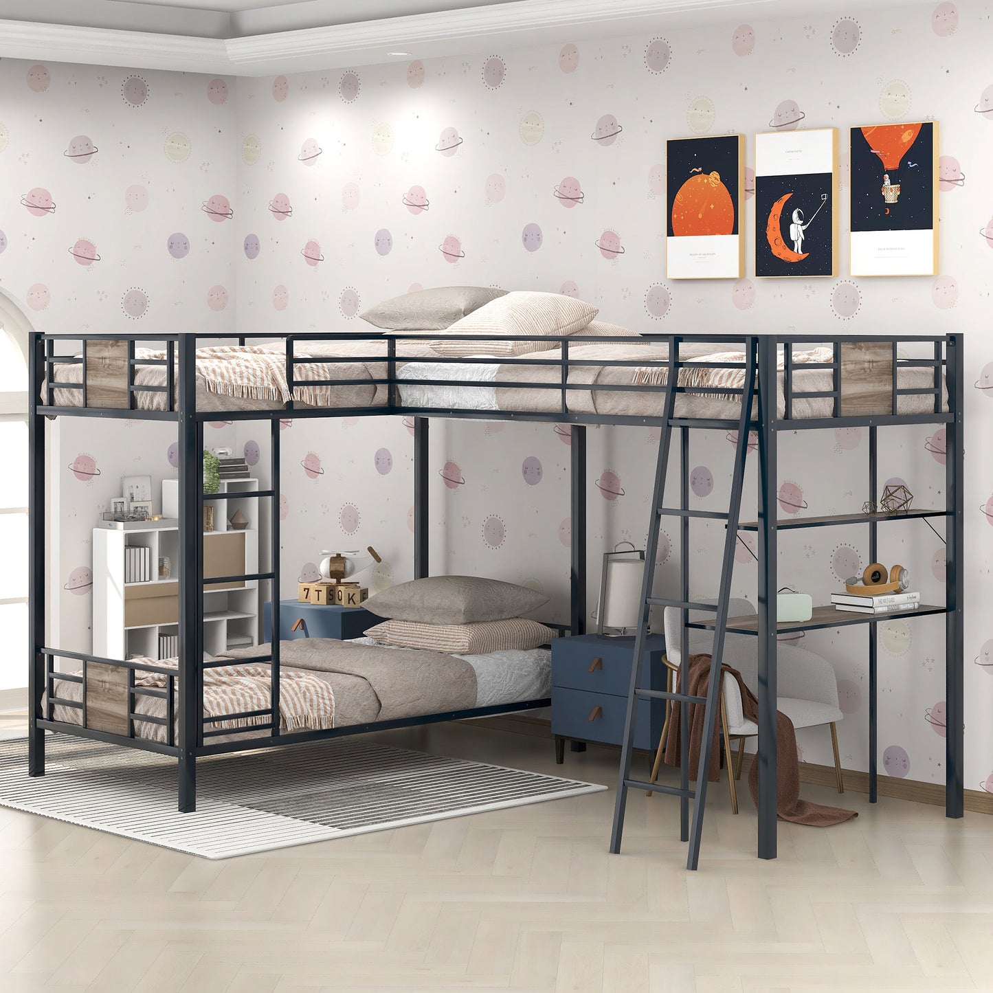 Roberto L-Shaped Twin over Twin Bunk Bed with Twin Size Loft Bed with Desk and Shelf ,Brown