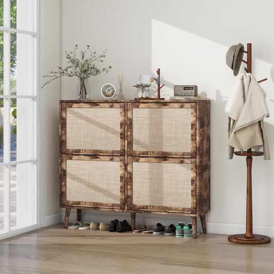 Ione Modern Shoe Cabinet with Engineered Rattan Doors, Burley Wood