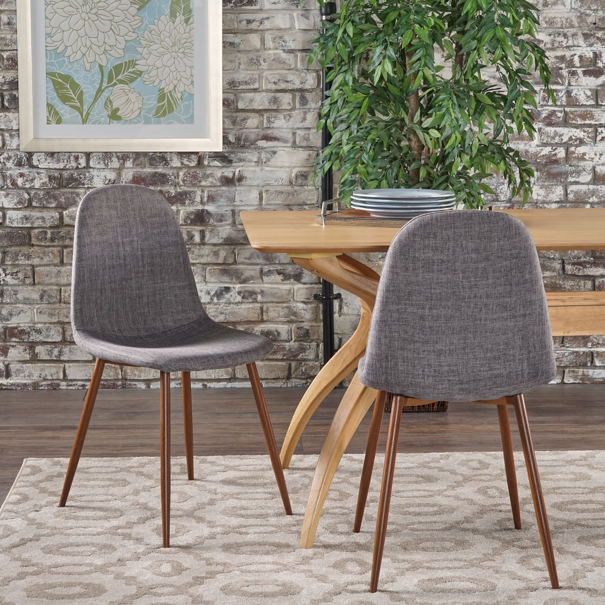 Briar Mid-Century Modern Fabric Upholstered Dining Chairs, Set of 2, Light Gray and Dark Walnut Finish