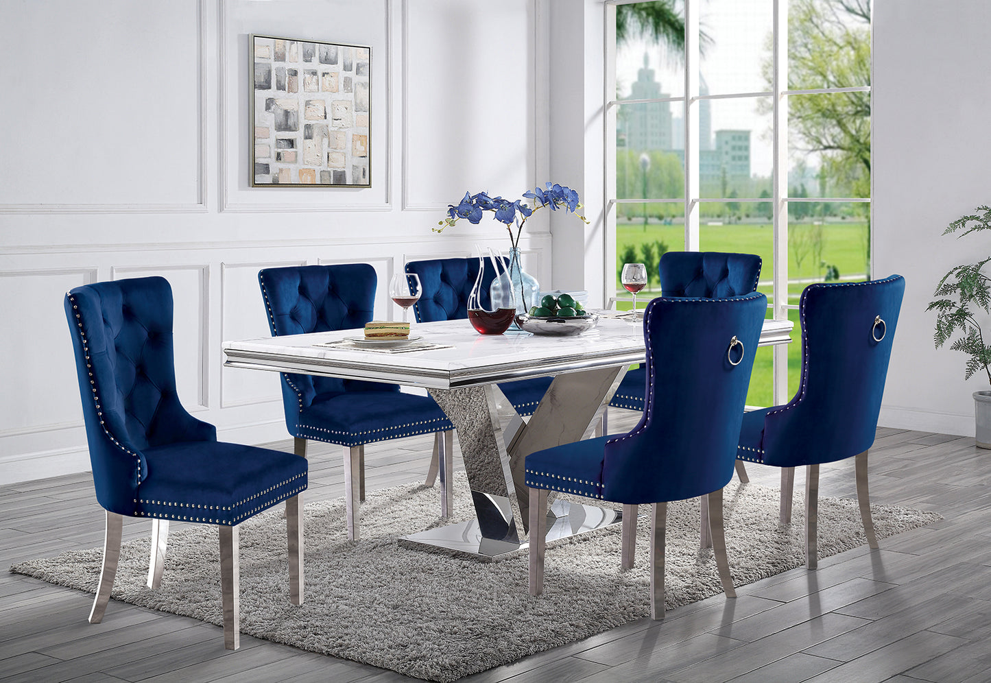 Emma Velvet Wingback Chairs with Mirrored Silver Legs Set of 2 , Blue