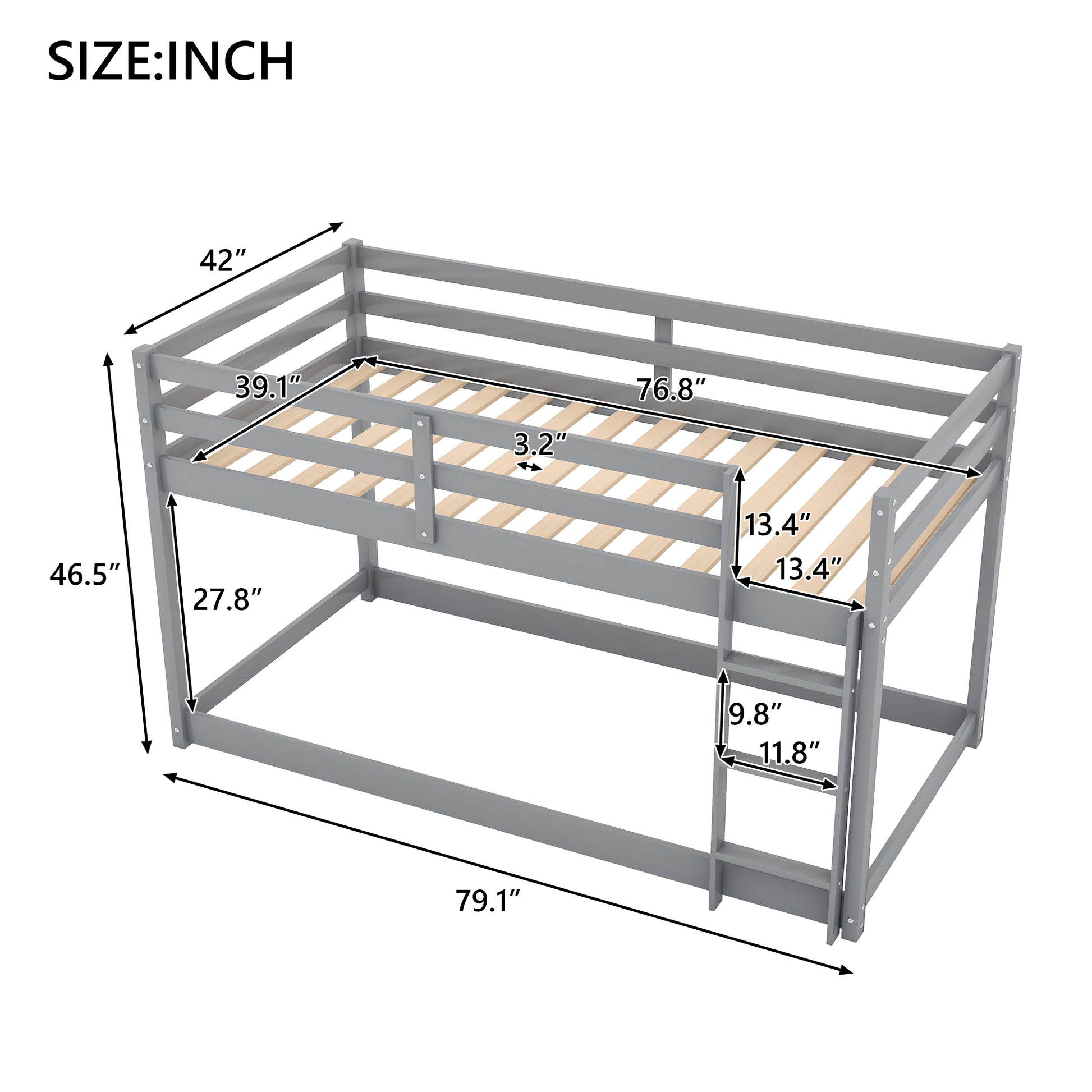 William Twin over Twin Floor Bunk Bed with Ladder , Gray