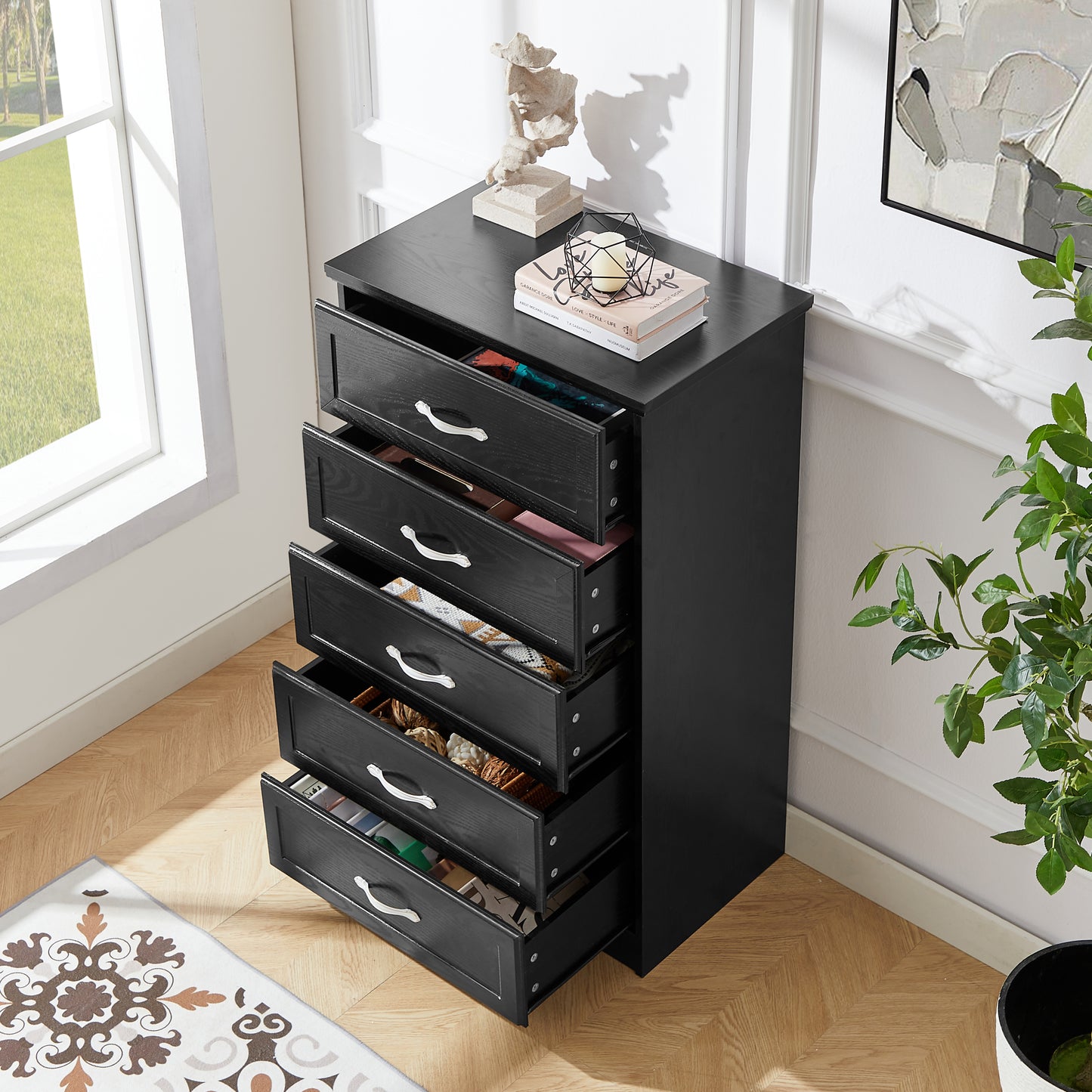 Carla Modern 5-Drawer Chest with Silver Handles, Black