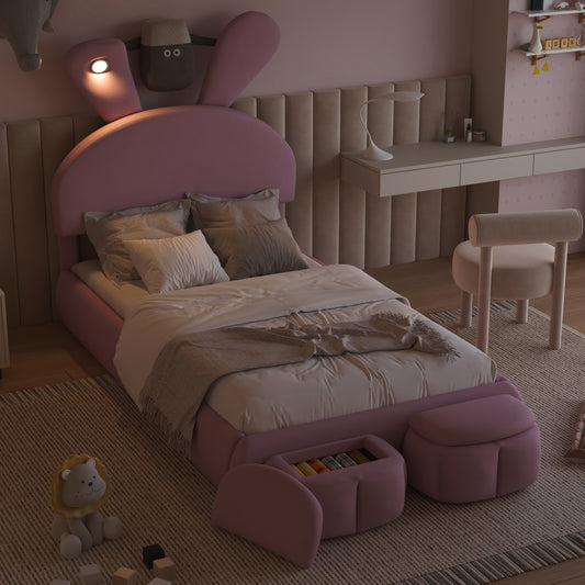 Tomo Twin Size Upholstered Platform Bed with Cartoon Ears Shaped Headboard and Light, Pink