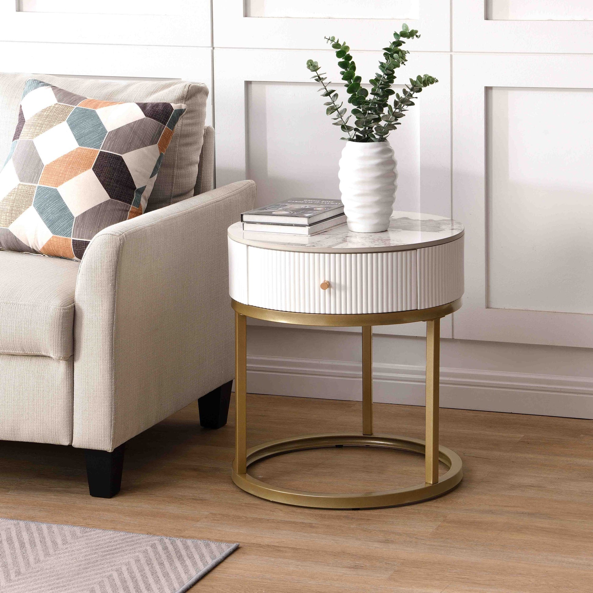 Neira Modern Side Table with Gold Base, White