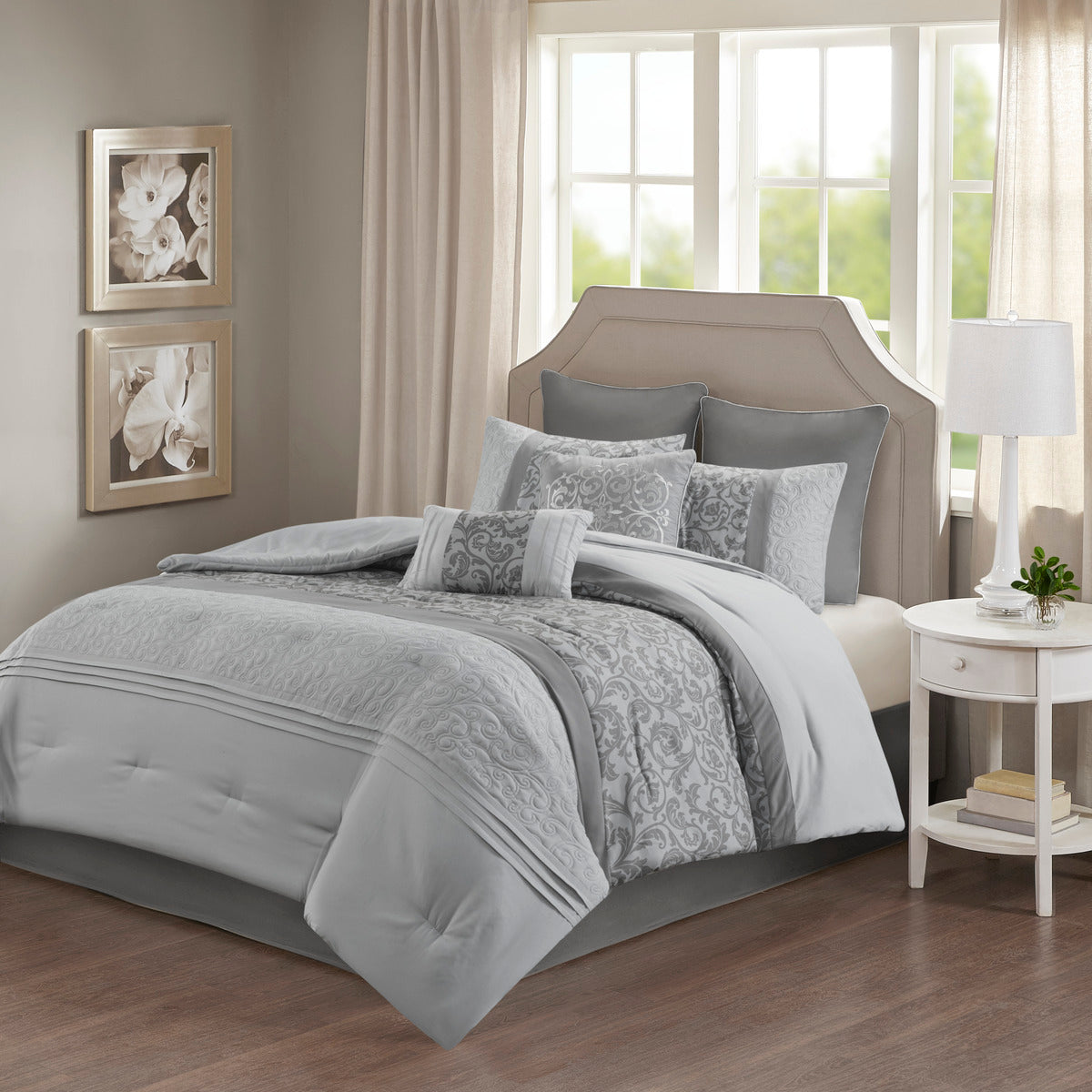 Embroidered 8 Piece Comforter Set Grey