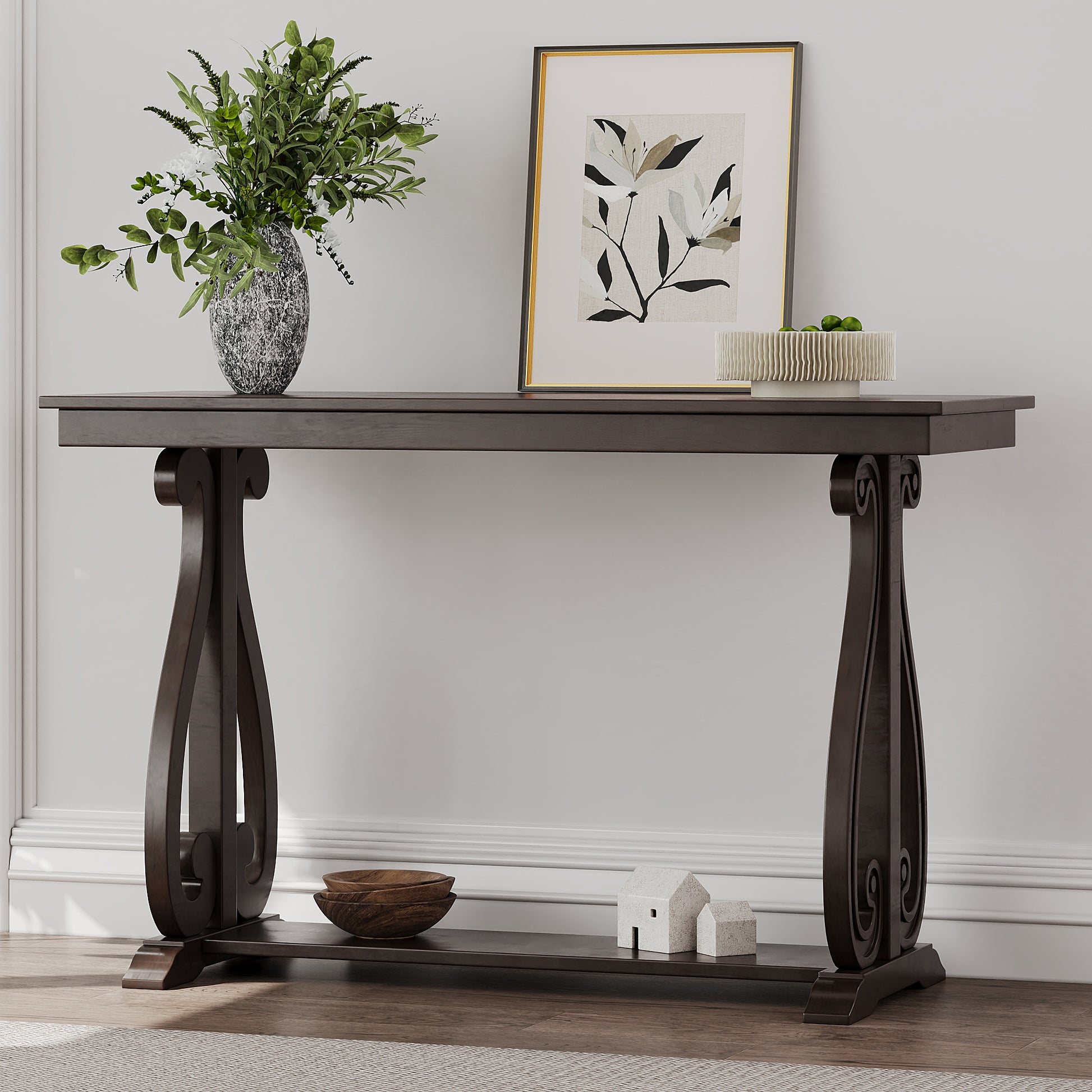 Zelene 48" Rustic Farmhouse Console Table with Lower Shelf, Espresso