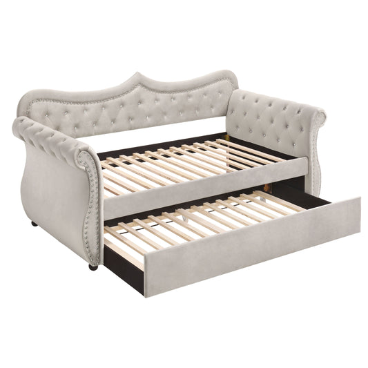 Sharron Beige Velvet Twin Size Glam Daybed with Trundle