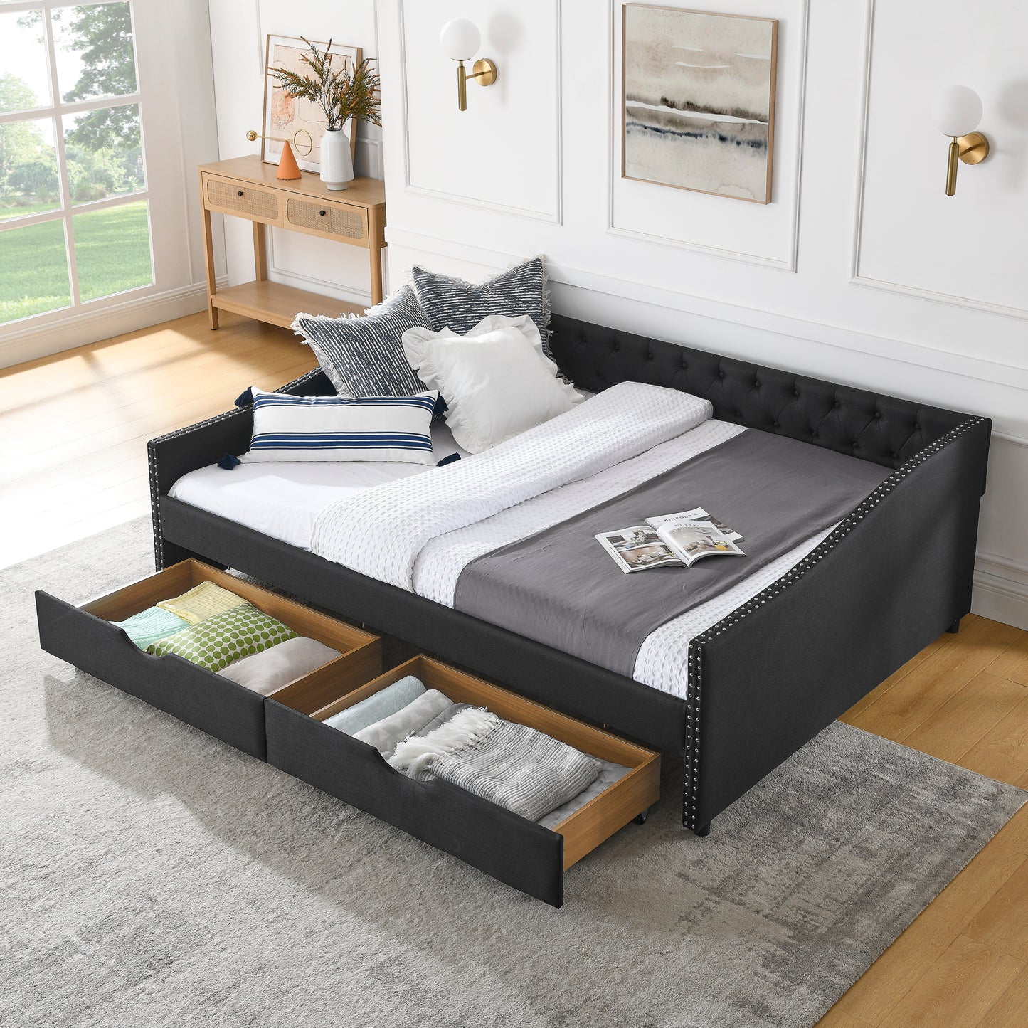 Lior Queen Size Tufted Linen Daybed with Drawers, Black