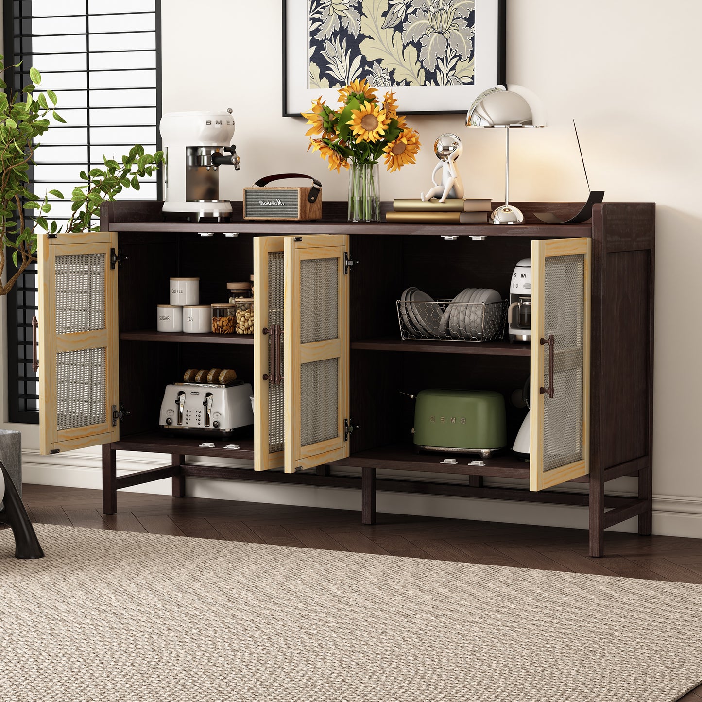 Halcyon Rustic Cabinet with Rattan Doors, Walnut & Natural