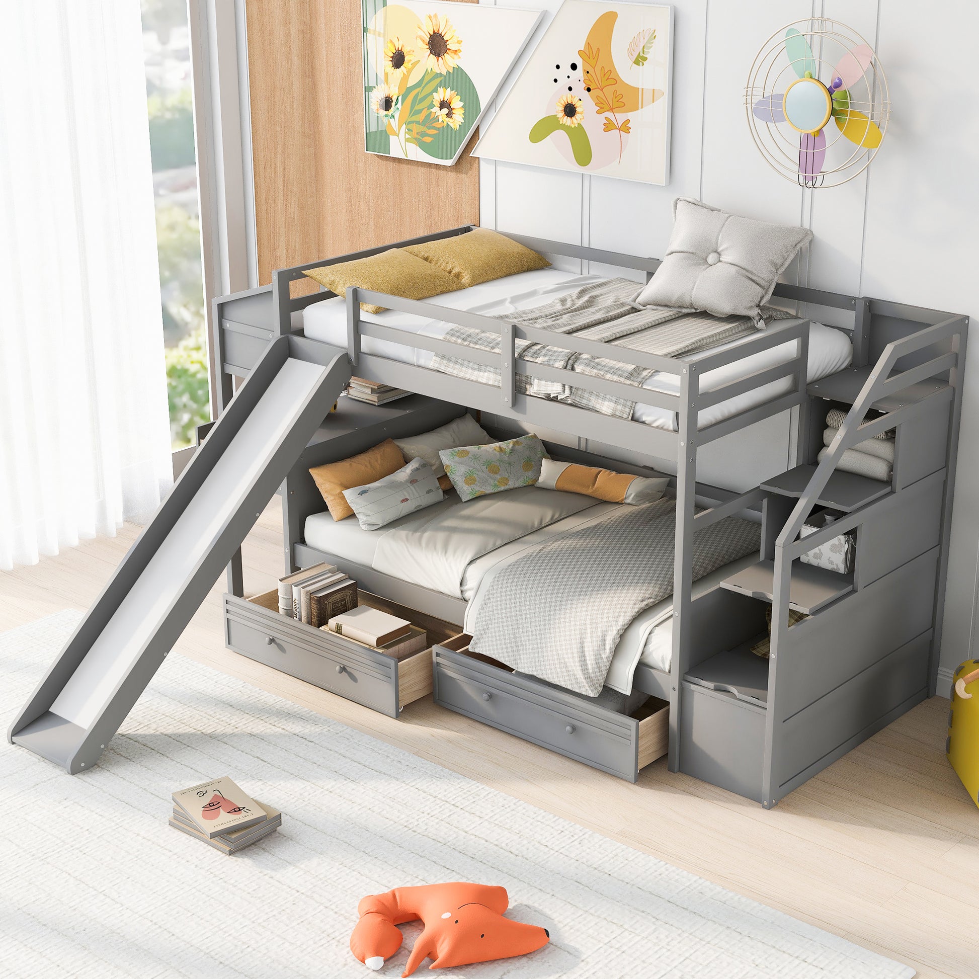 Foster Twin Bunk Bed with Desk & Slide, Gray