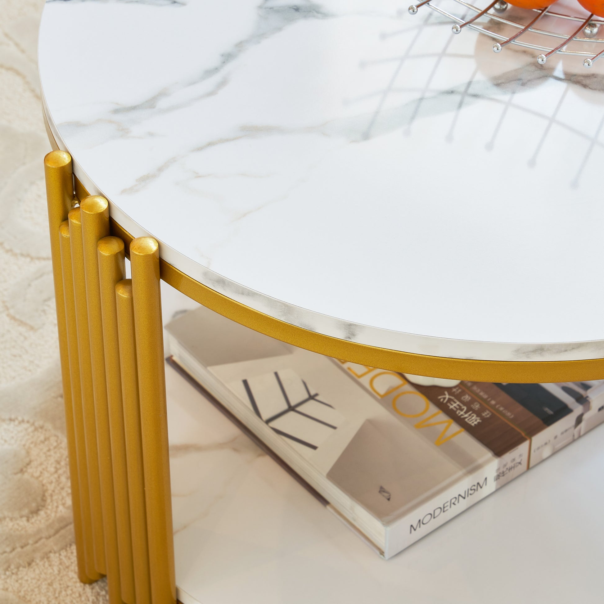 Juno Modern Round Faux Marble Coffee Table, Gold & White