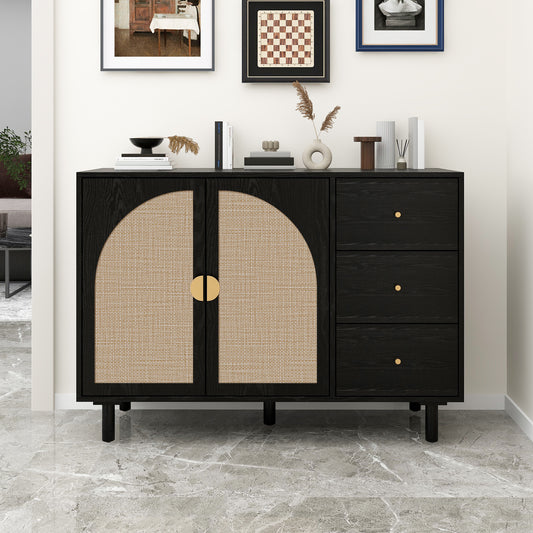 Rune Mid-Century Modern Cabinet with Rattan Doors, Black