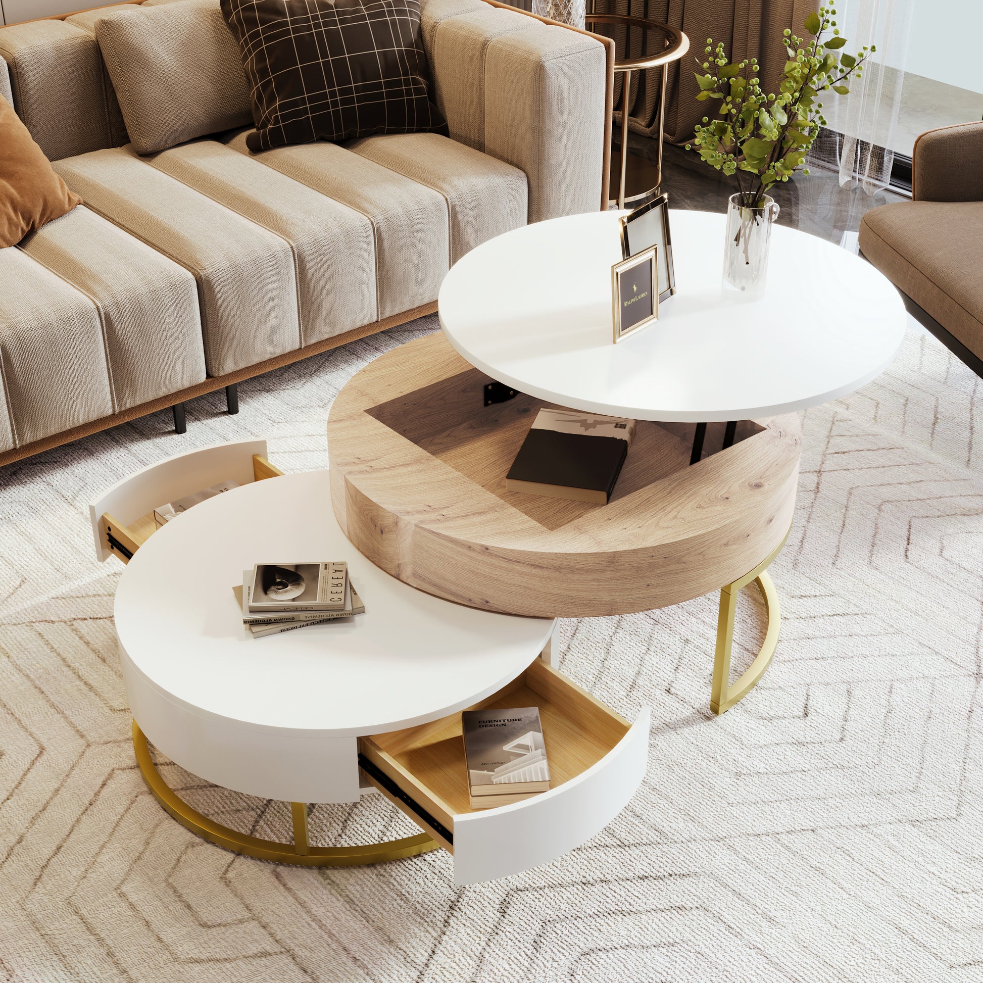 Nerys Modern Round Lift-top Nesting Coffee Tables with 2 Drawers White & Natural