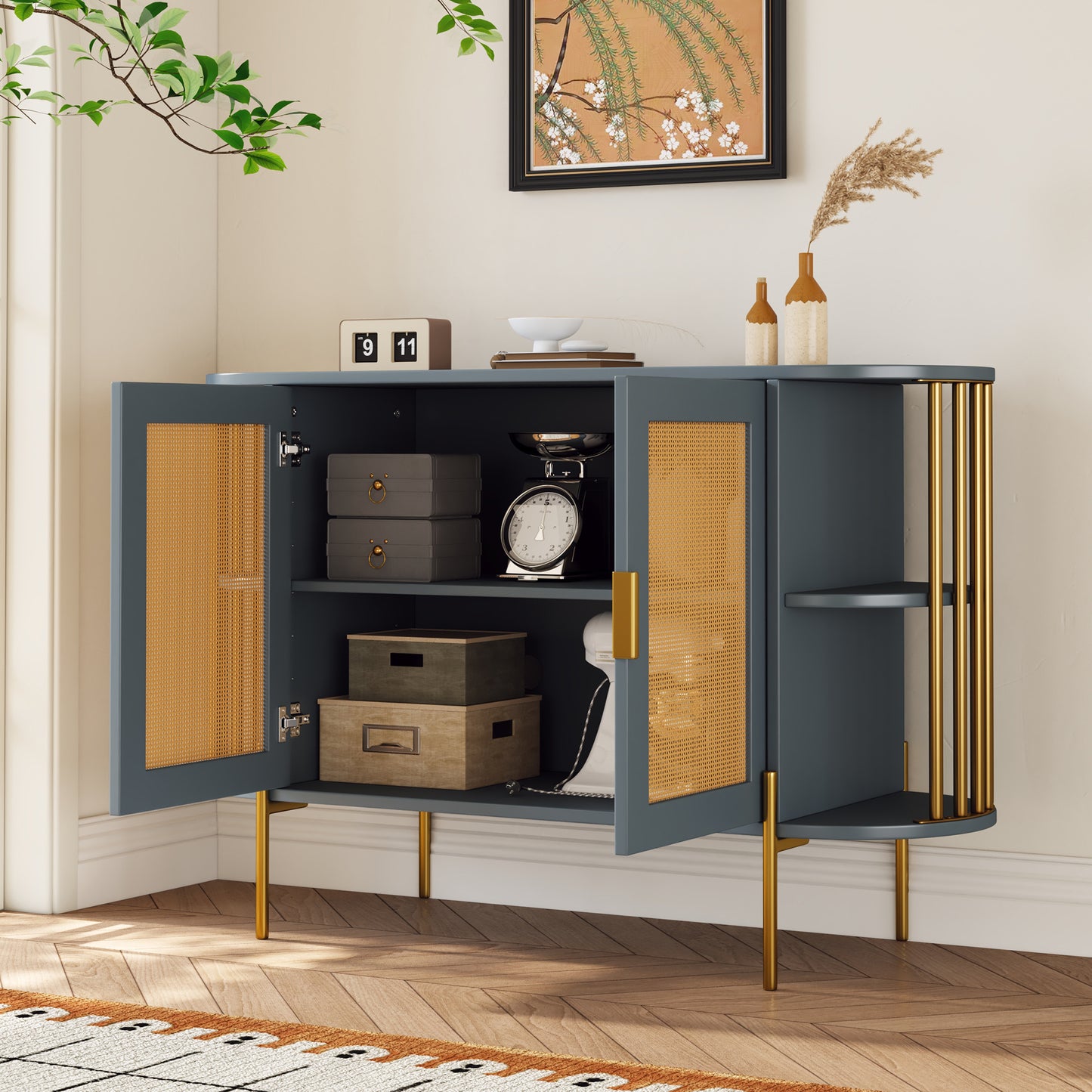 Dinara Elegant Curved Cabinet with Gold Trim & Rattan Doors, Dark Gray