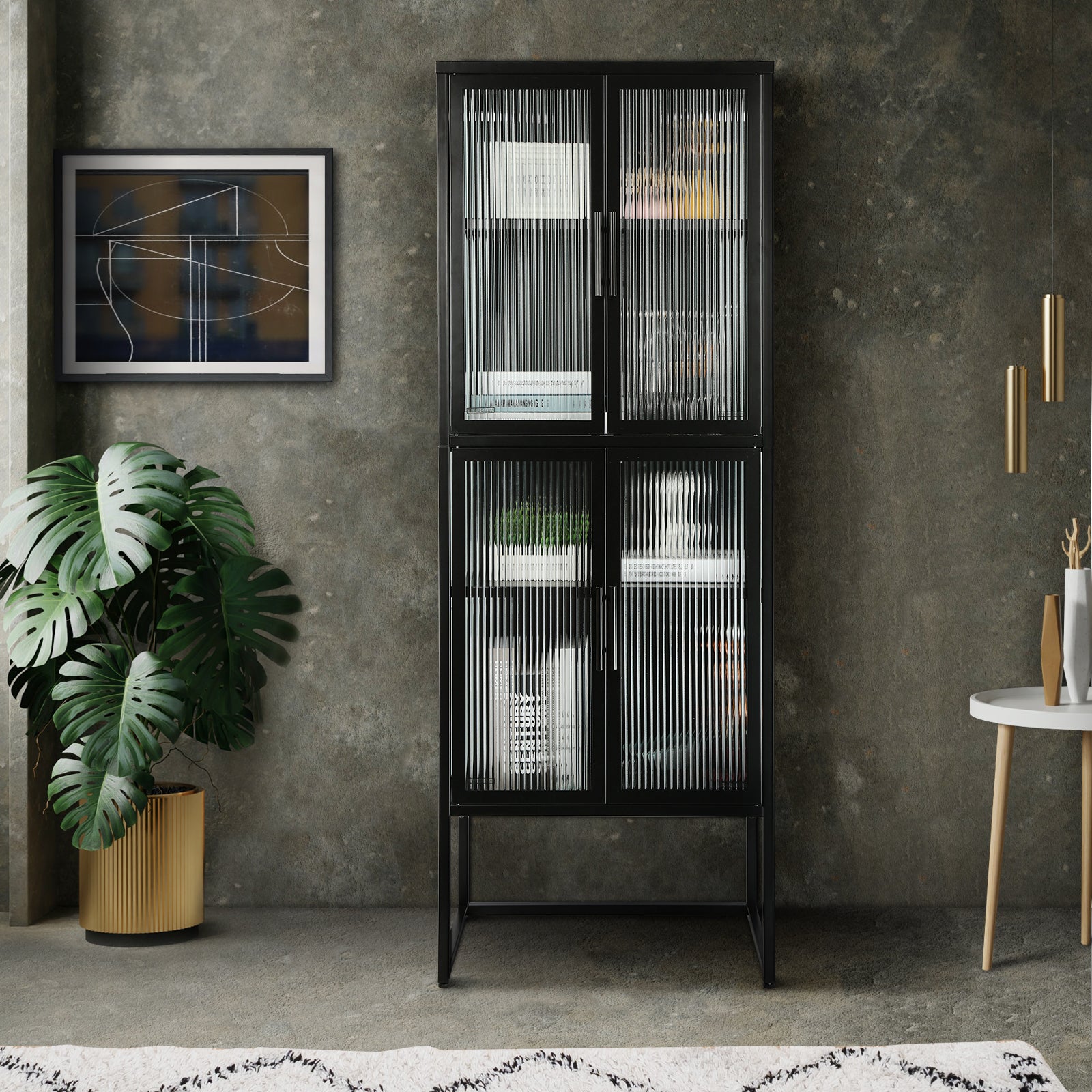 Zane 4-Door Metal Cabinet with Glass Doors, Black