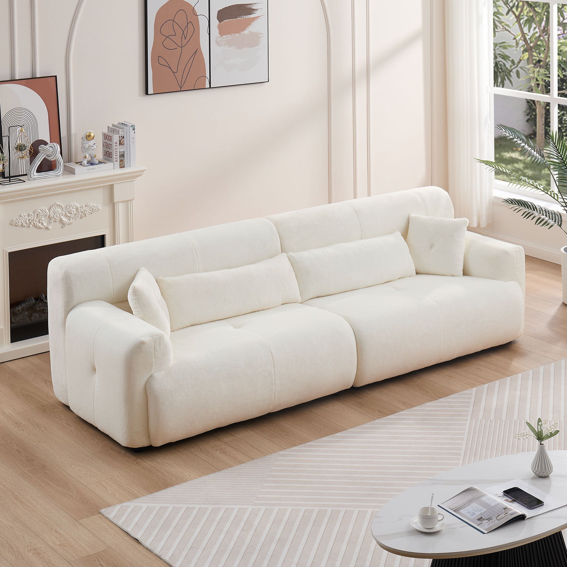 Uma 111" Modern Thick Faux Rabbit Sofa, Beige