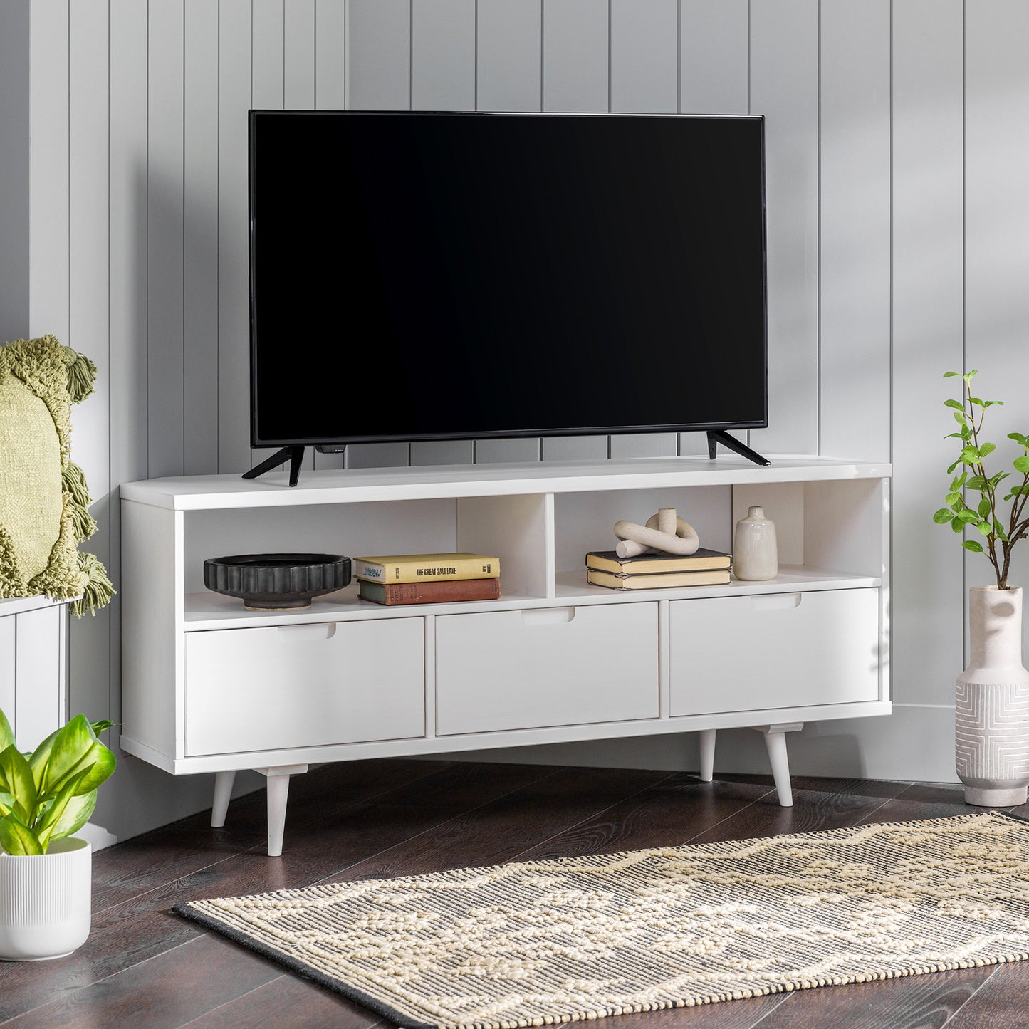 Marsh Mid-Century Modern Minimalist 3-Drawer Corner TV Stand for TVs up to 58 - White