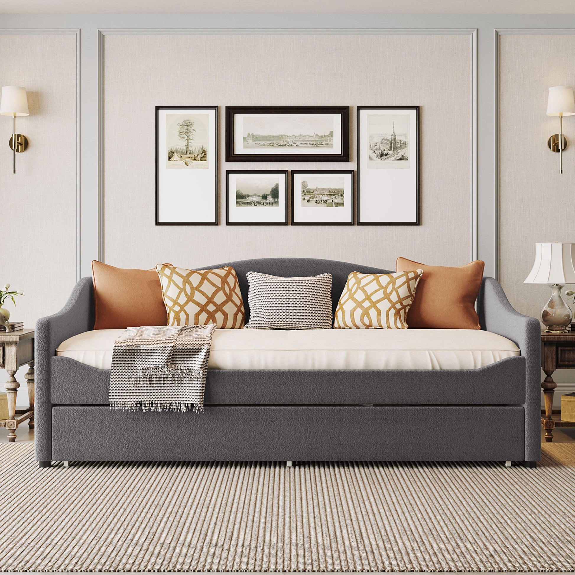 Mireille Teddy Fleece Twin Size Upholstered Daybed with Light and Trundle, Gray