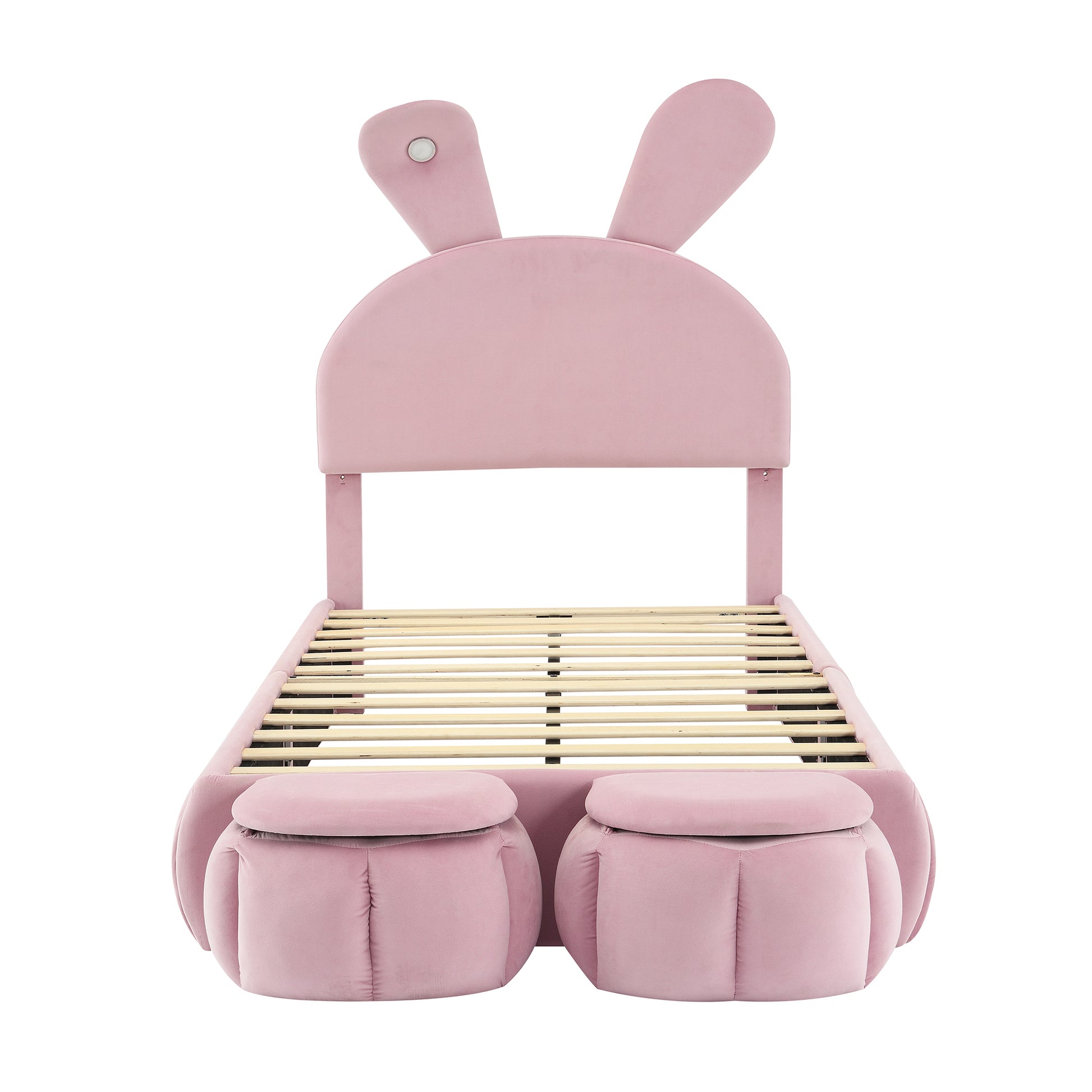 Tomo Twin Size Upholstered Platform Bed with Cartoon Ears Shaped Headboard and Light, Pink