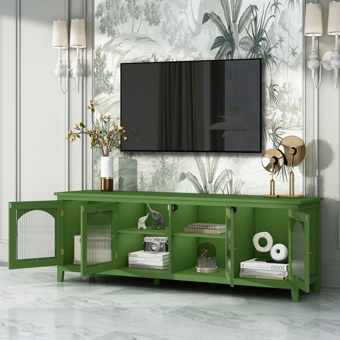 Eisley 71" Modern TV Console with Glass Doors, Antique Green