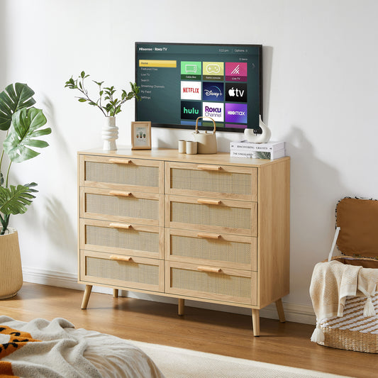 Stevens 8-Drawer Double Dresser in Natural with Rattan Doors