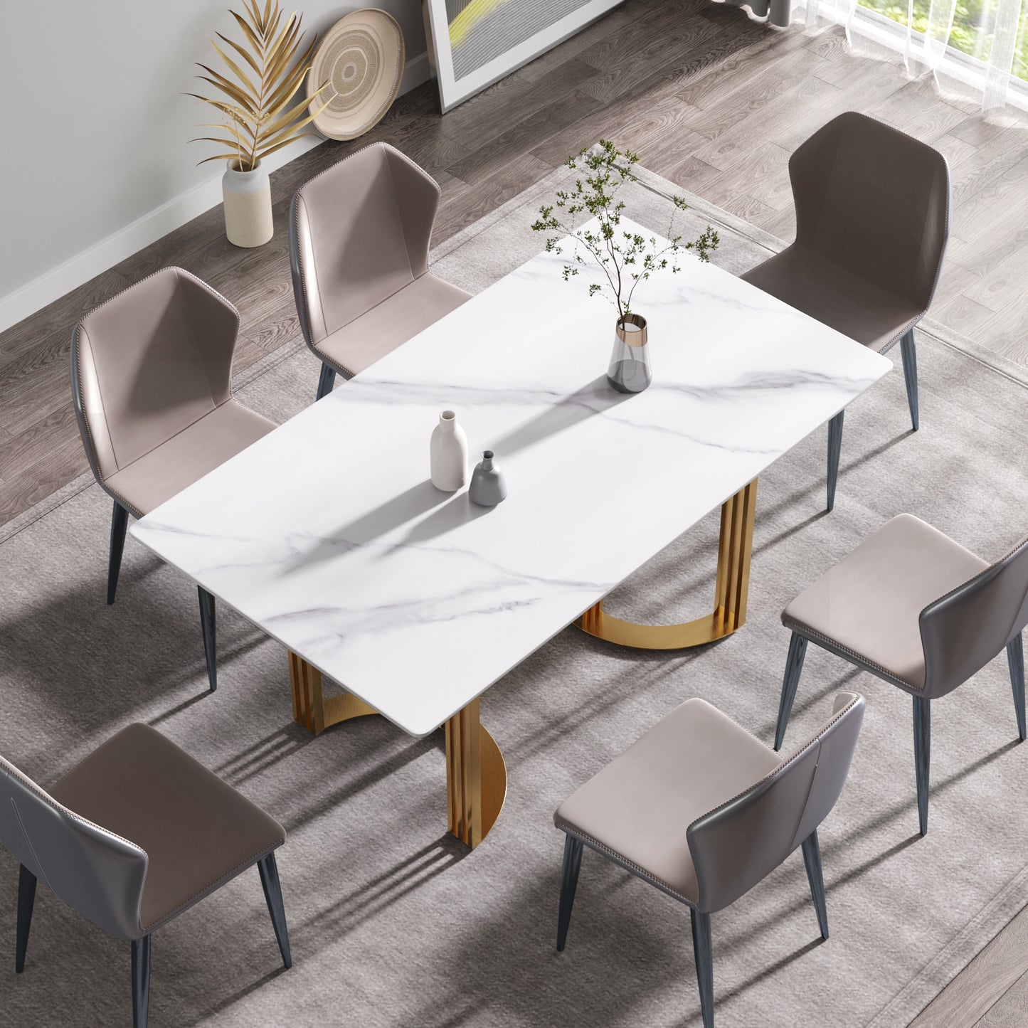 Moto Modern 63" White Sintered Stone Dining Table with Gold Legs