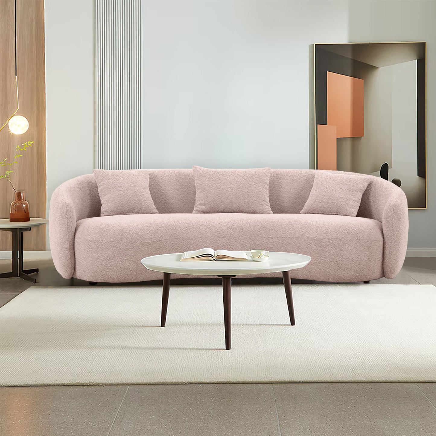 Stark 93" Boucle Upholstered Mid-Century Modern Sofa, Pink