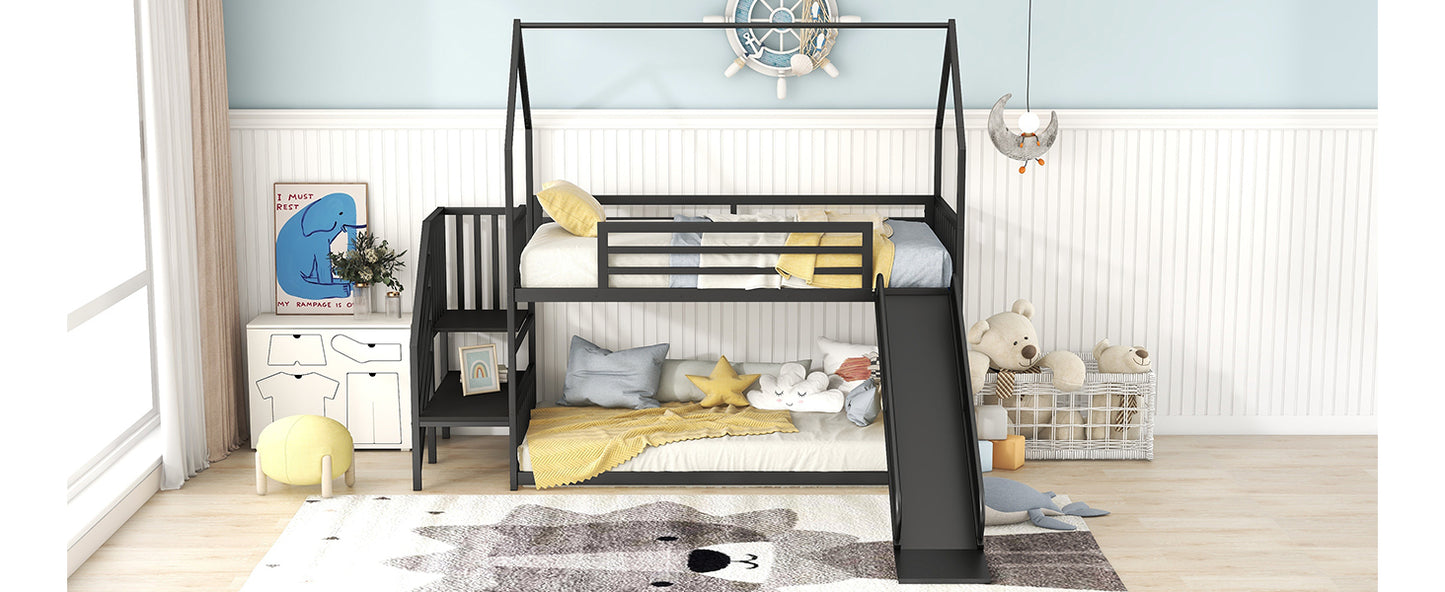 Daniel Twin over Twin Metal Bunk Bed House Bed with Slide and Staircase, Black