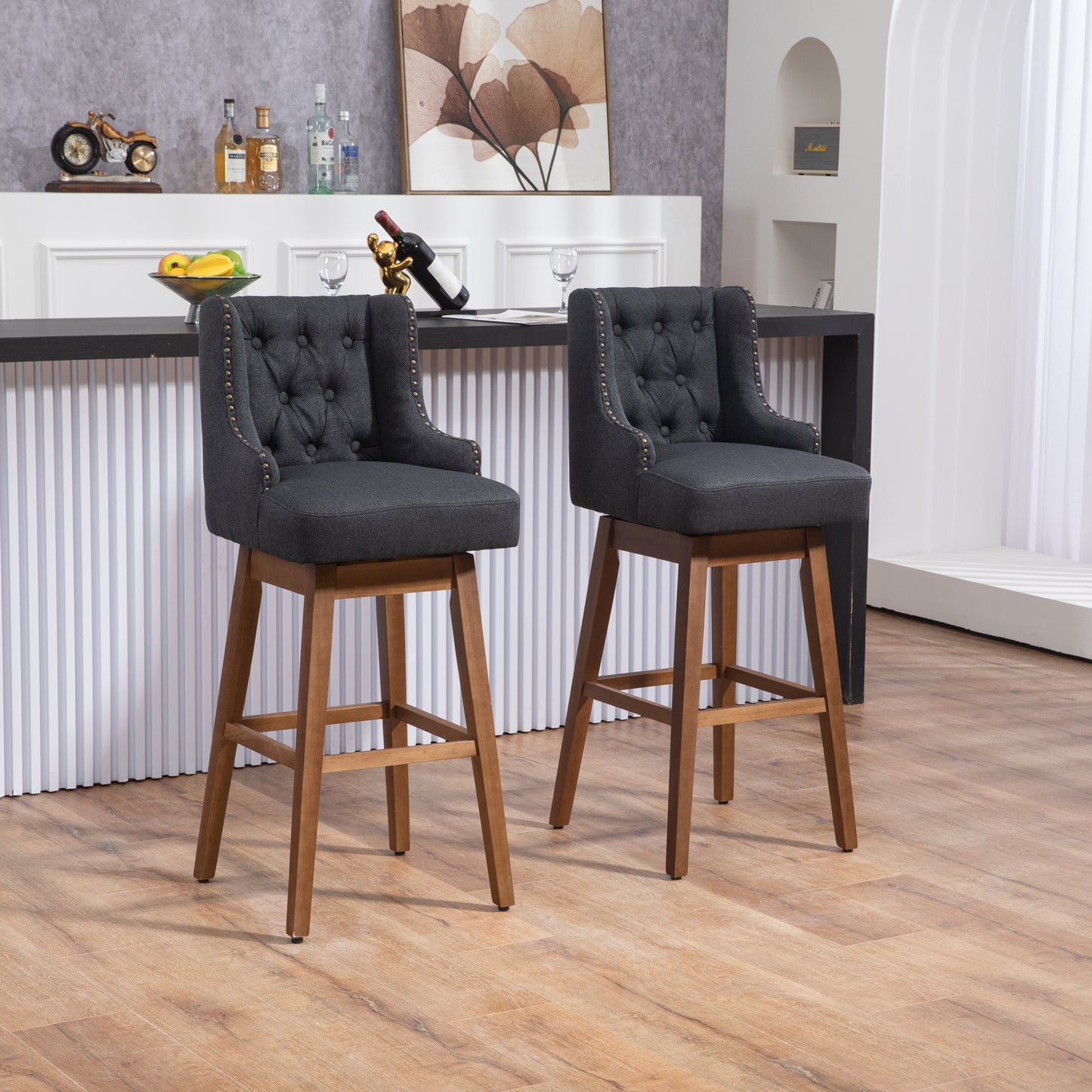 Coolmore Classic Design 360-Degree Swivel Bar Stools with Solid Wood Legs and Footrest Set of 2 Black