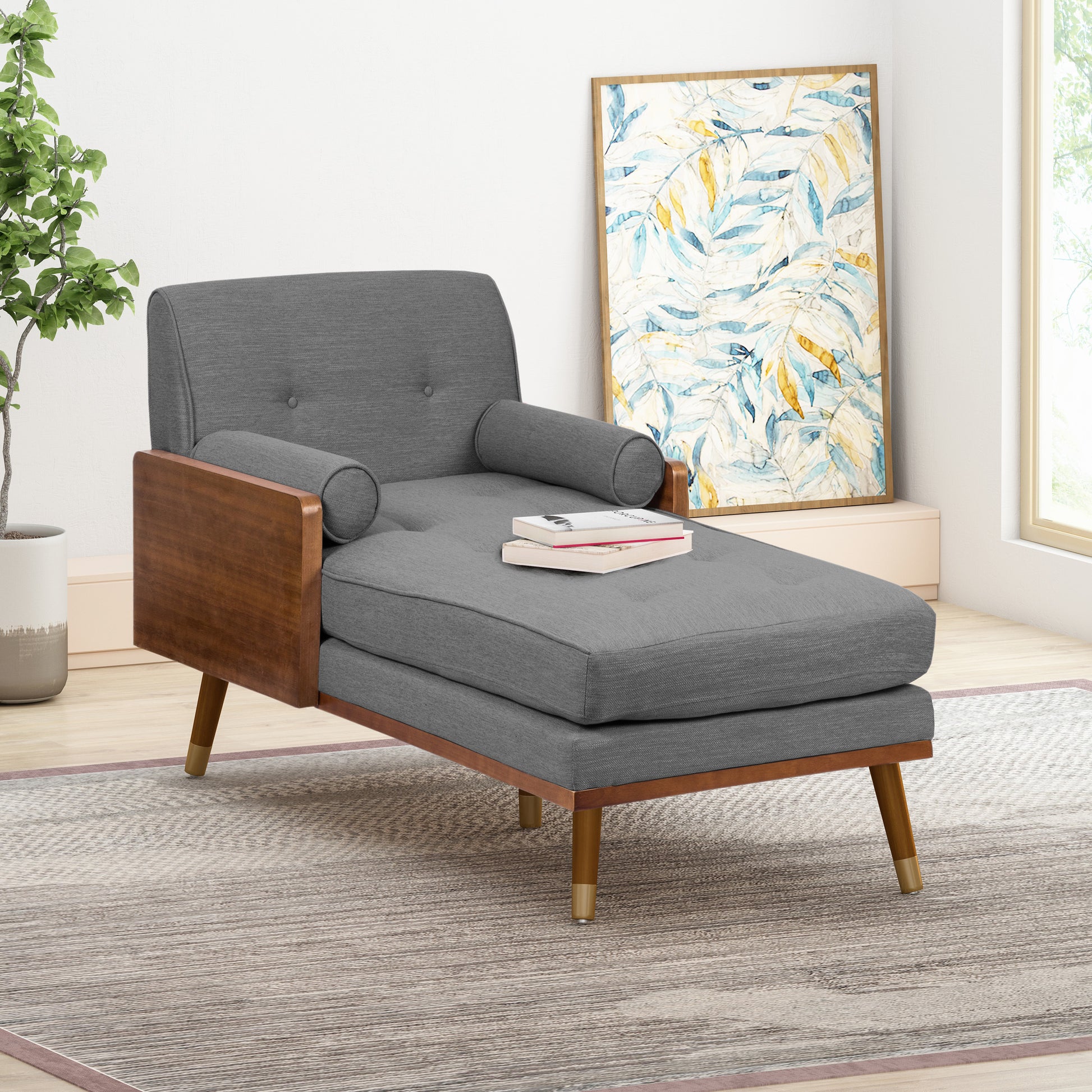 Romilly Mid-Century Modern Chaise Lounge, Gray & Walnut