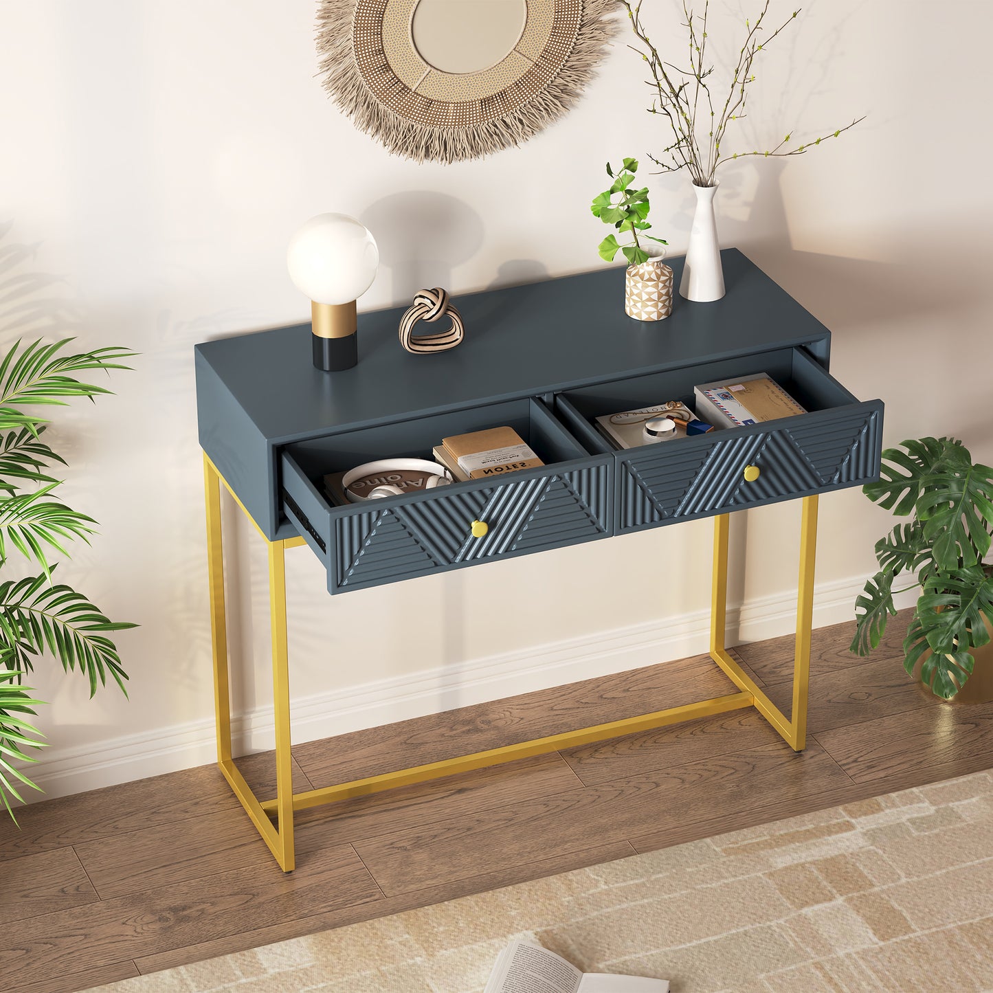 Jessalyn Modern 2-Drawer Console Table with Gold Legs, Gray