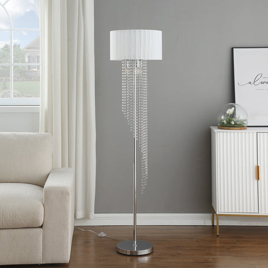 Sheer White Drum Shade Rain Crystal Chrome Metal Floor Lamp