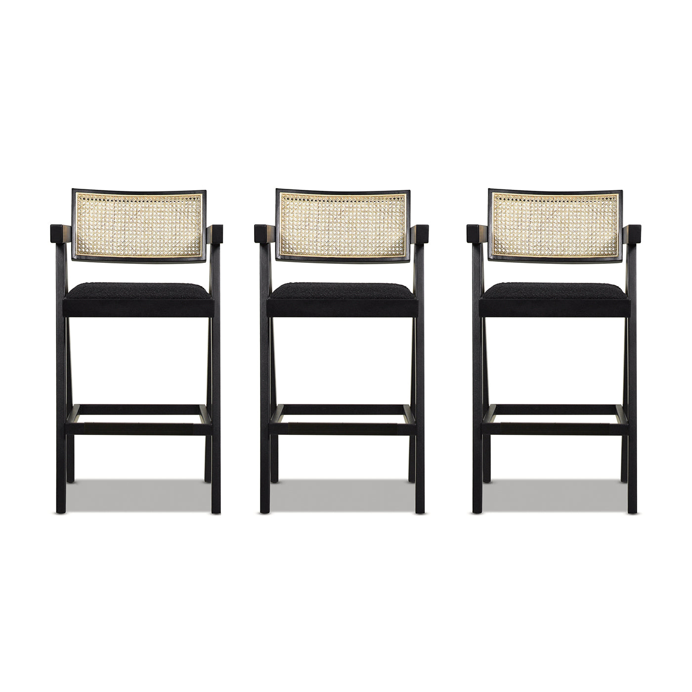 Milan 29.5' Modern Resin Webbing Back Bar Stool with Arms, Set of 3, Ebony Black Boucle