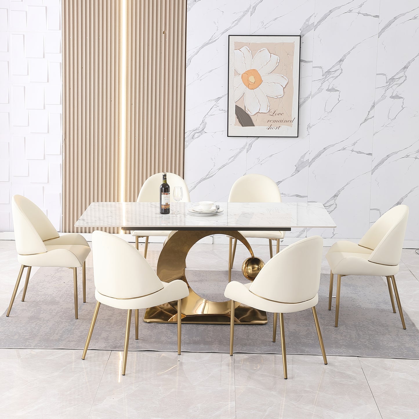 Zyra 71' 7-Piece Faux Marble Dining Set with Golden Base & Carrara White Top