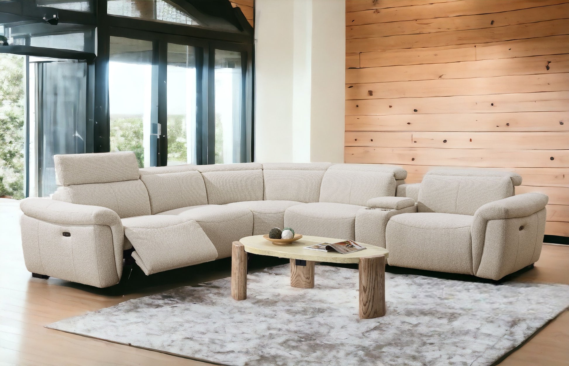 Dayana Beige Boucle Power Recliner Sectional Sofa for 5 People with Cupholder Console & Adjustable Headrest