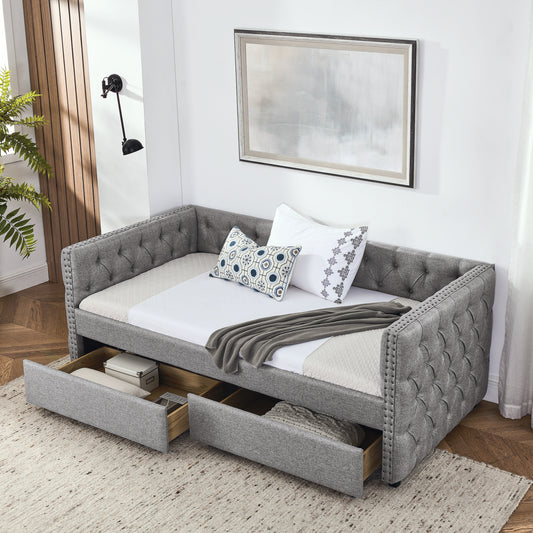 Simpson Twin Size Tufted Linen Daybed with Drawers